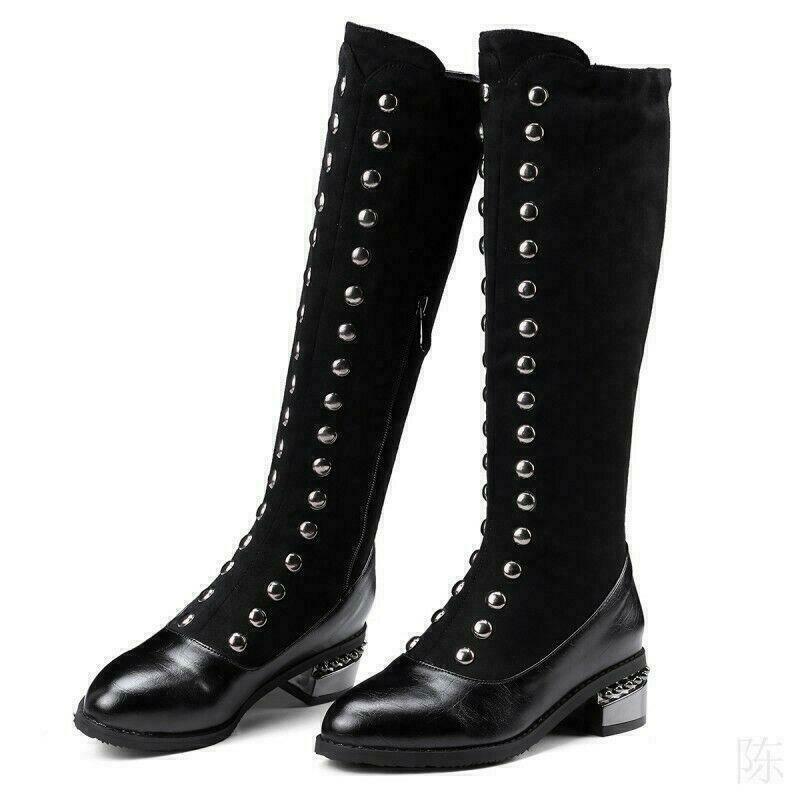 British Women’s Studded Pointy Toe Zip Knee High Boots Biker Gothic Riding Shoes