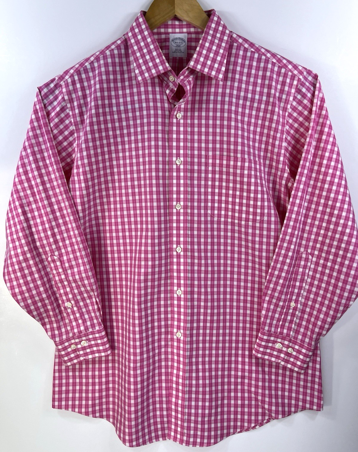 Brooks Brothers 346 Shirt Mens 16 1/2-2/3 Pink Check No Iron Slim Fit Button Up