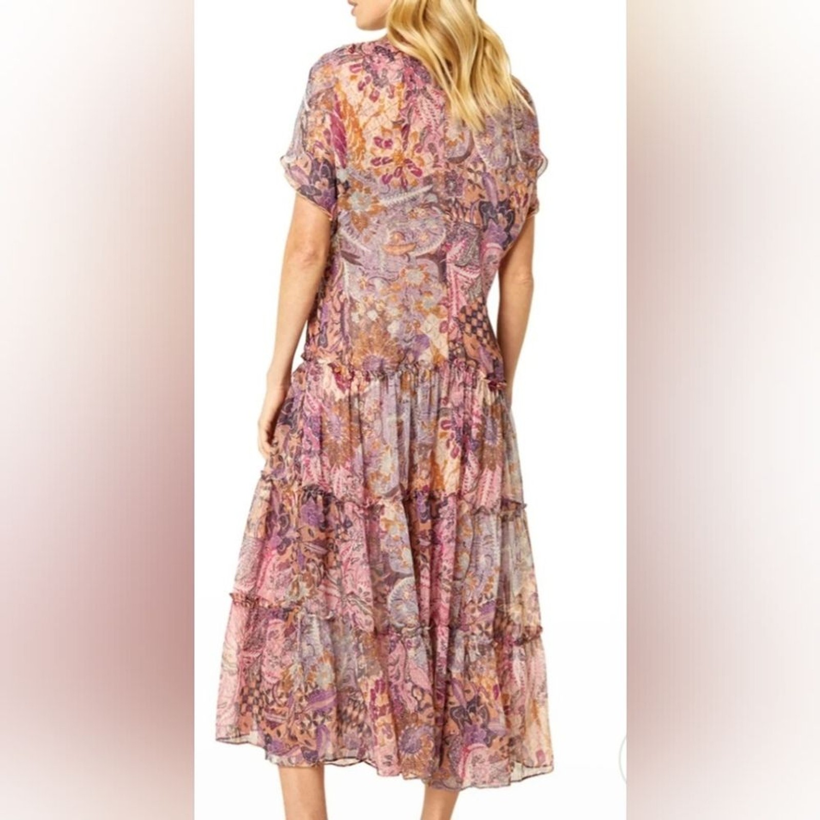 MISA Los Angeles Size Large Ilya Boho Pink Batik Sheer Short Sleeve Midi Dress