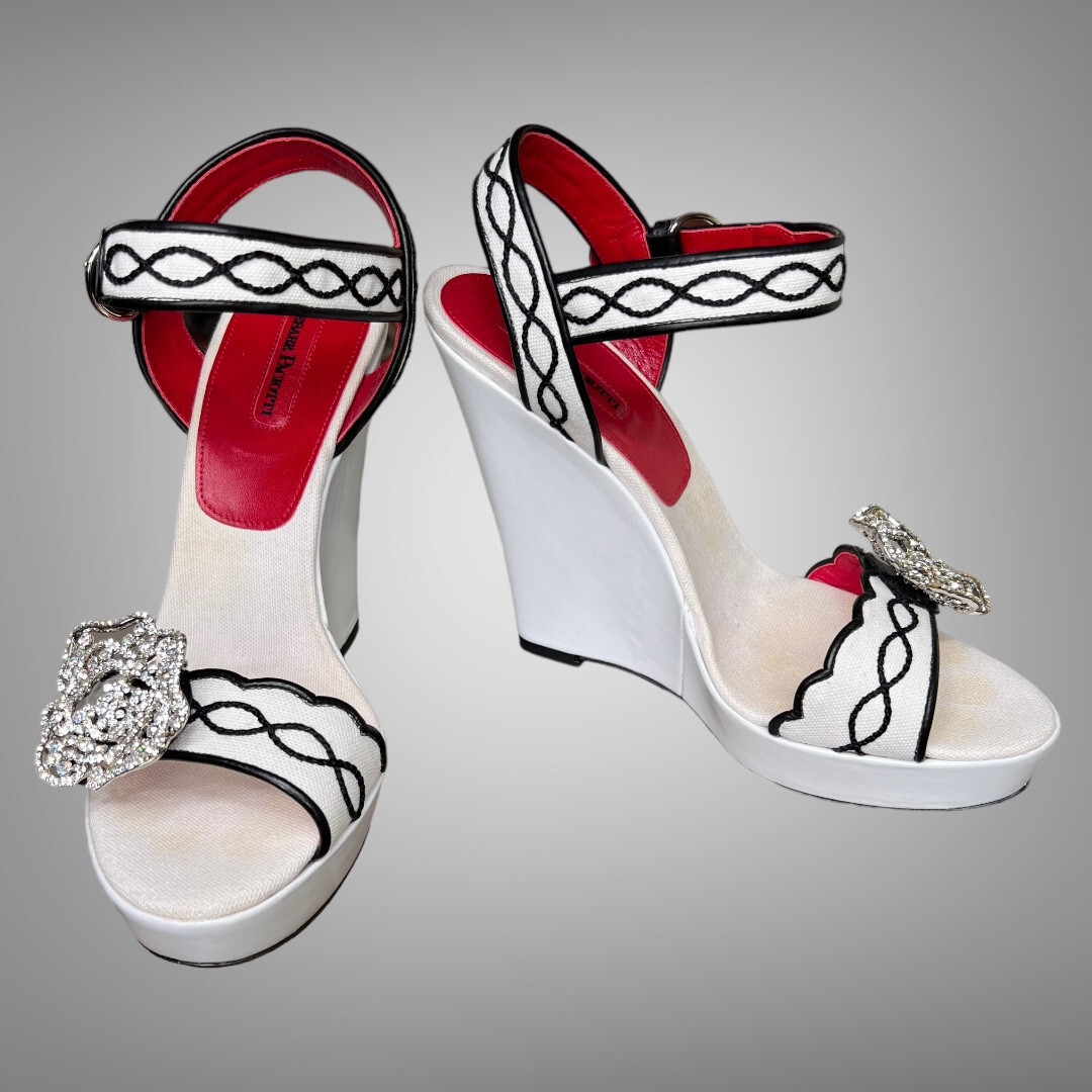 Cesare Paciotti White & Black Wedge Sandals Pumps Platforms EU 40 Shoes