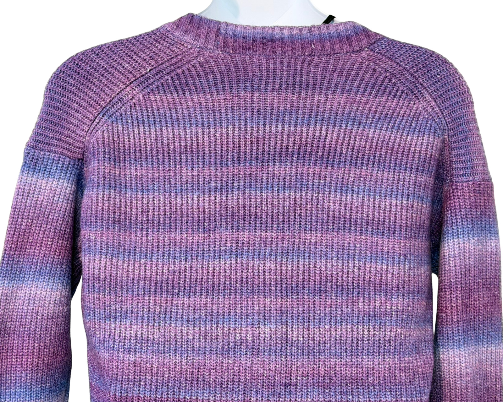 Loft Sz M V-Neck Cardigan Button Front Purple Ombre Stripe Rib Knit Wool Blend