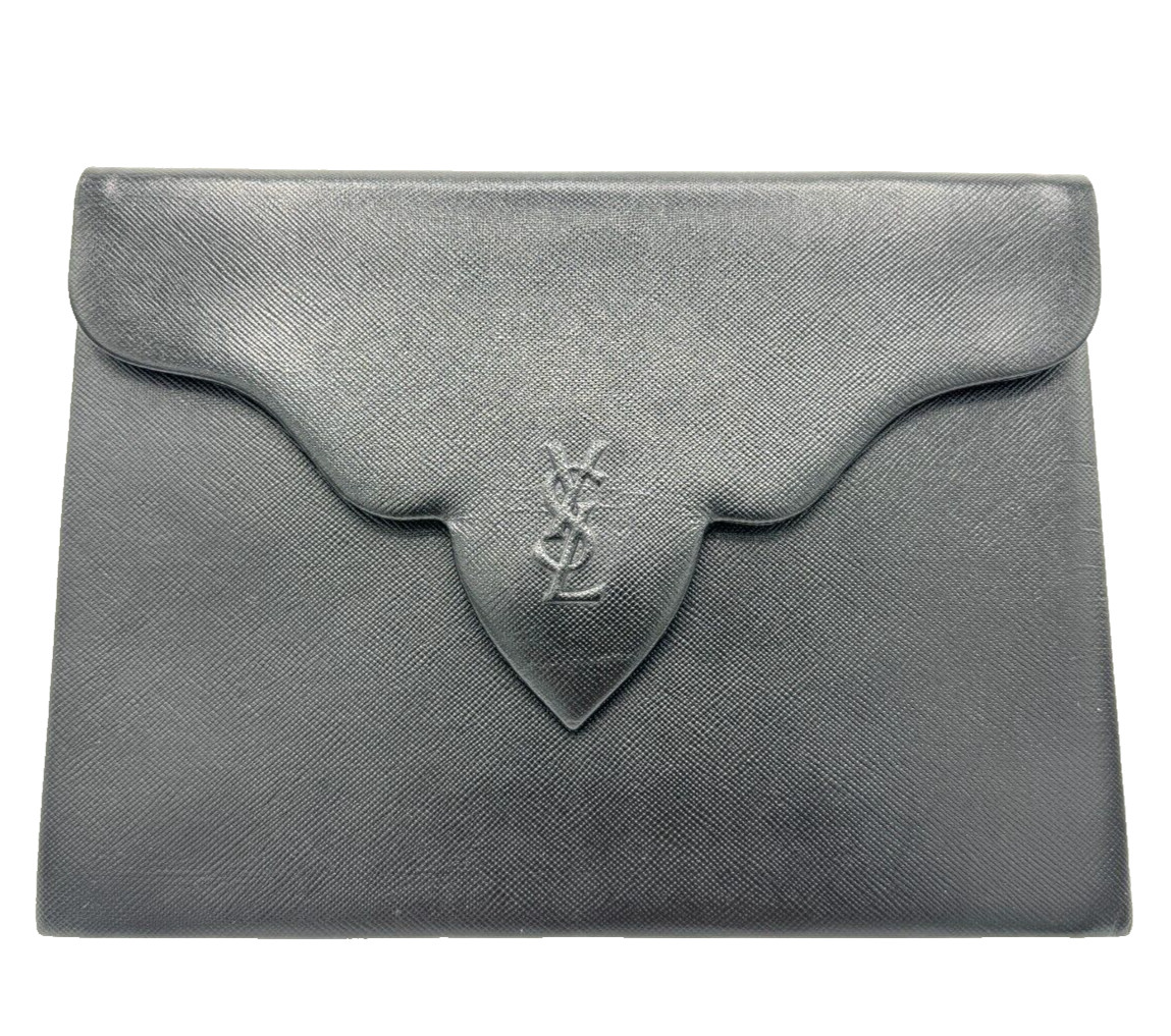 Yves Saint Laurent Clutch Bag Black Saffiano Leather Second Bag Authen