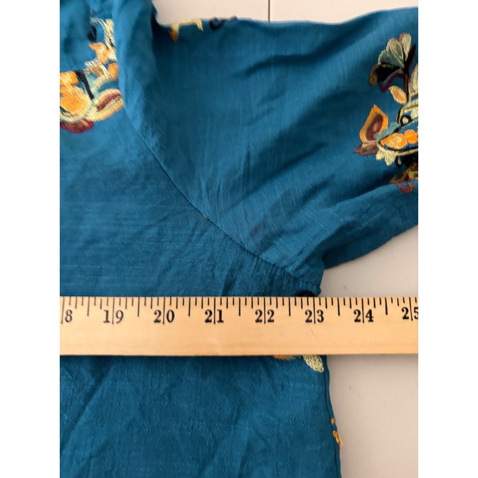Fig and Flower Womens XL Teal Blue Embroidered Button Down Shirt Floral Boho Top