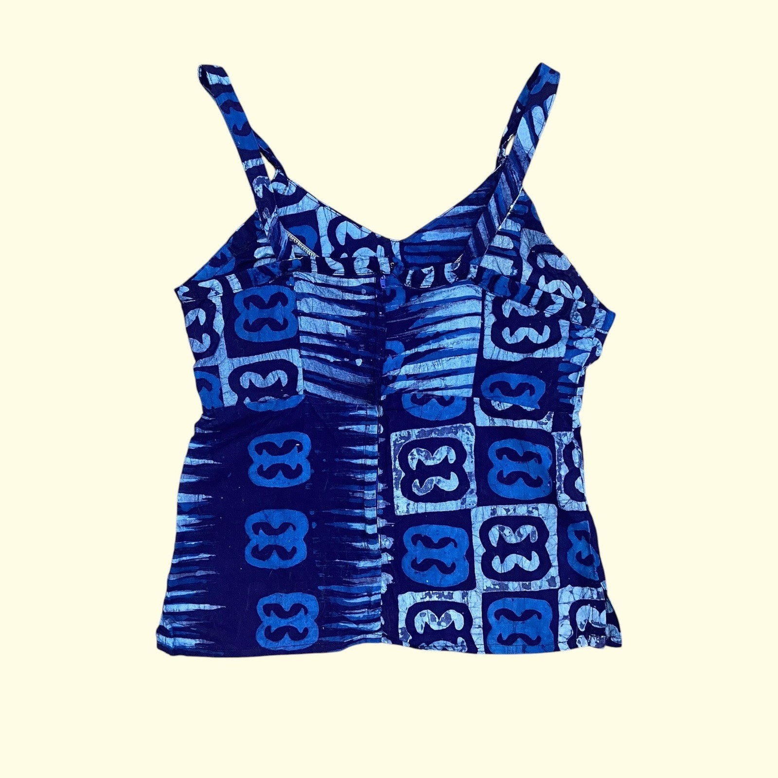 Handmade Blue Wax Print Adinkra Cami Top V-Neck Side Zip Batik Cotton Tank