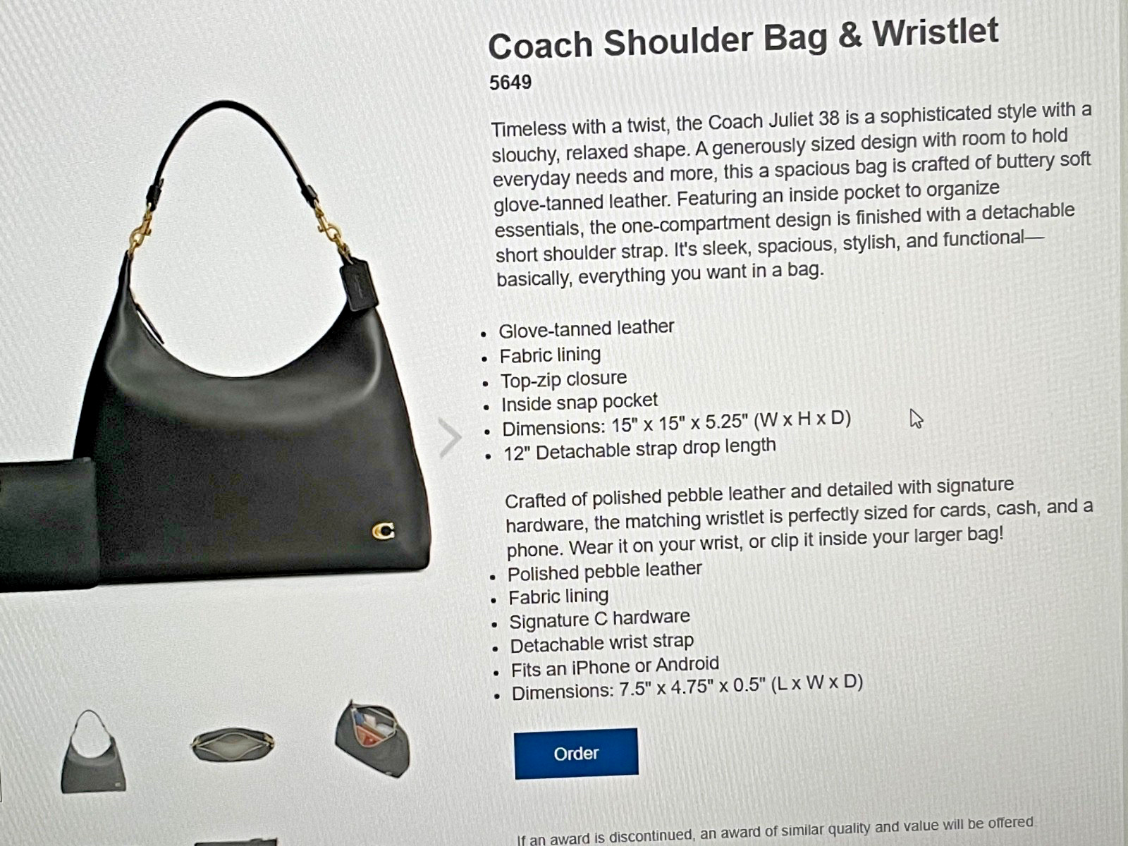 Coach Juliet 38 shoulder bag & Wristlet. Glove-tanned black leater