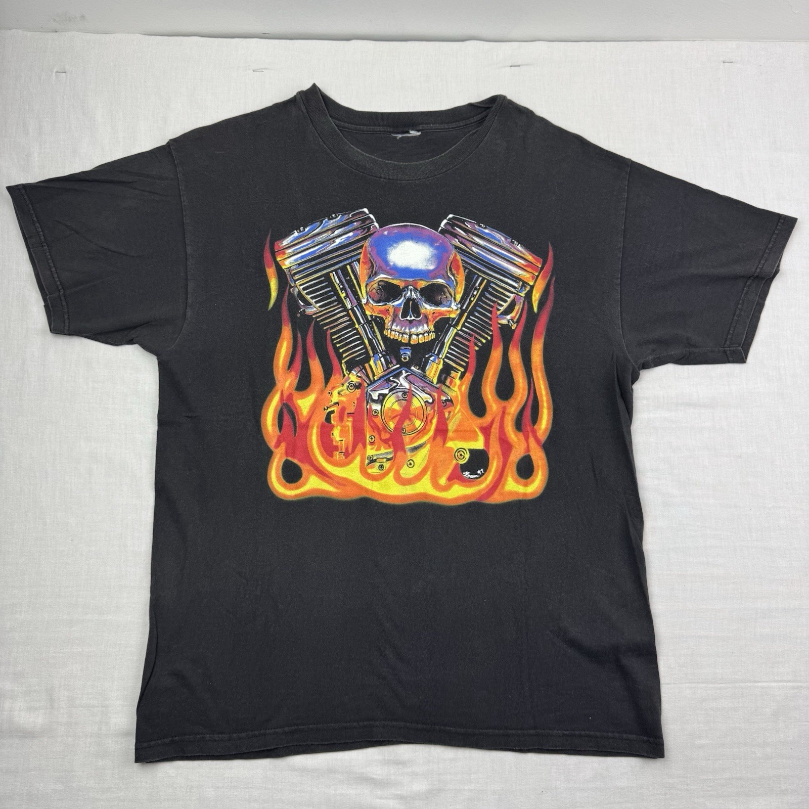 Vintage Biker Skull Flames T Shirt Adult Large Motorcycle Punk Metal Engine 90s