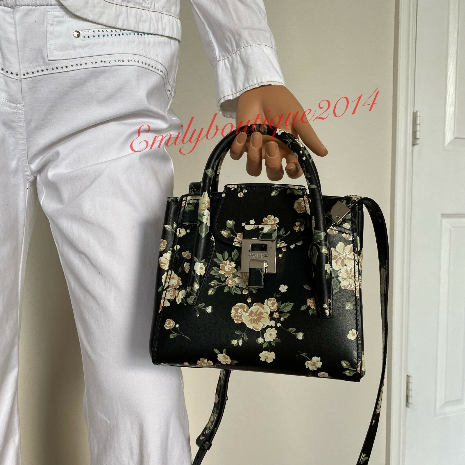 Michael Kors Collection Bancroft Mini Floral Calf Leather Satchel Black Bag $990