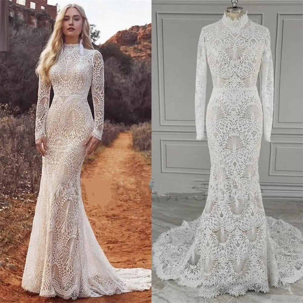 Allover Lace Mermaid Wedding Dresses Bohemian Sheer Fit Flare Bridal Gown Train