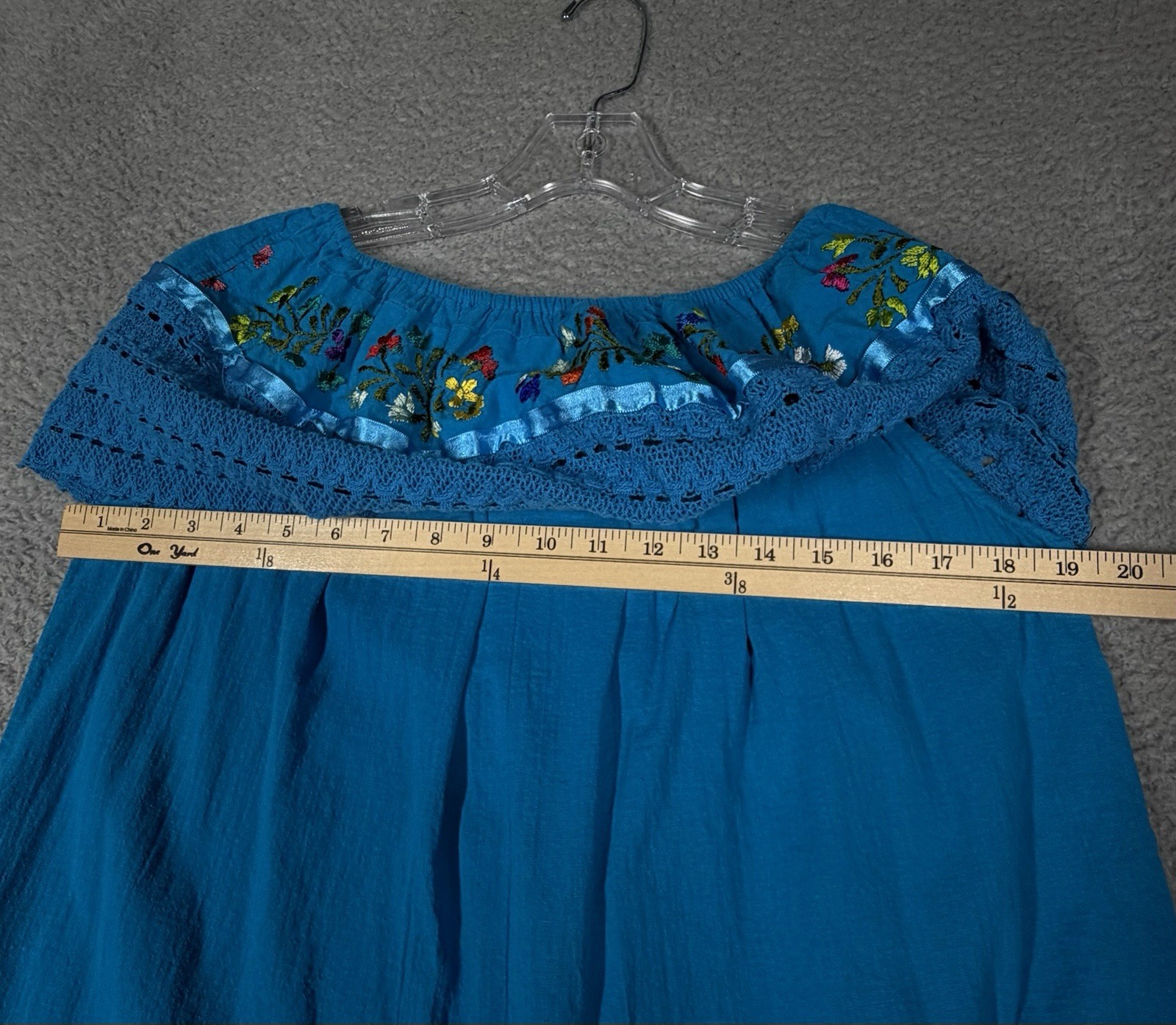 Mexican Blouse Blue Womens L / XL Floral Embroidery Lace Trim Off The Shoulder