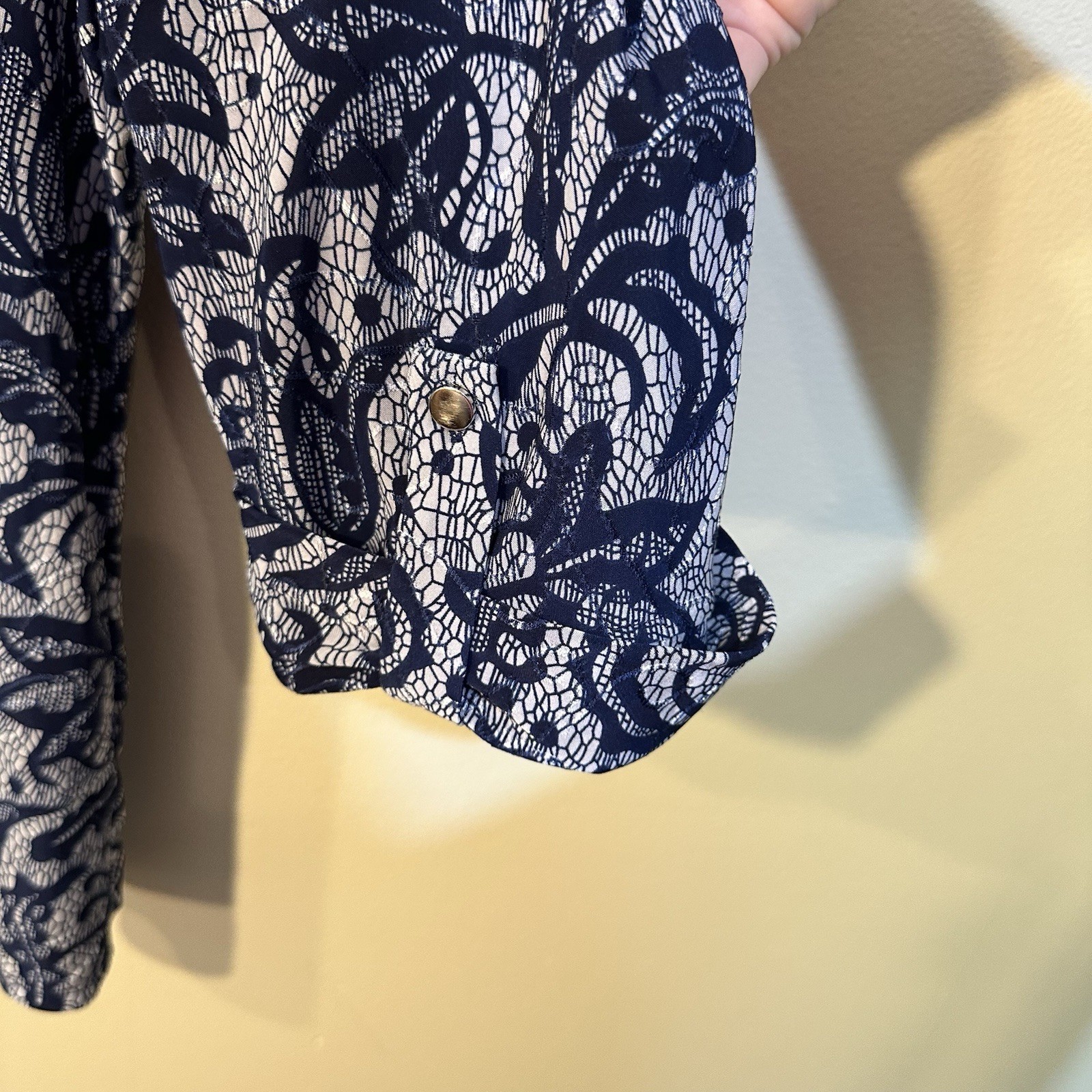 New Directions Womens Plus 3X Navy & White Floral Lace 3/4 Sleeve V-Neck Blouse