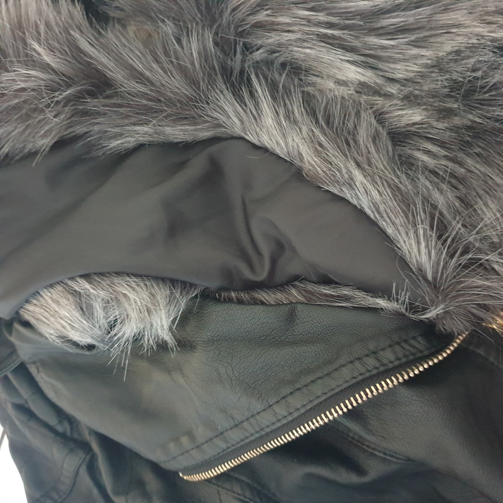 Flamant Rose Black Faux Leather Bomber Biker Jacket Sz S Grey Faux Fur Collar