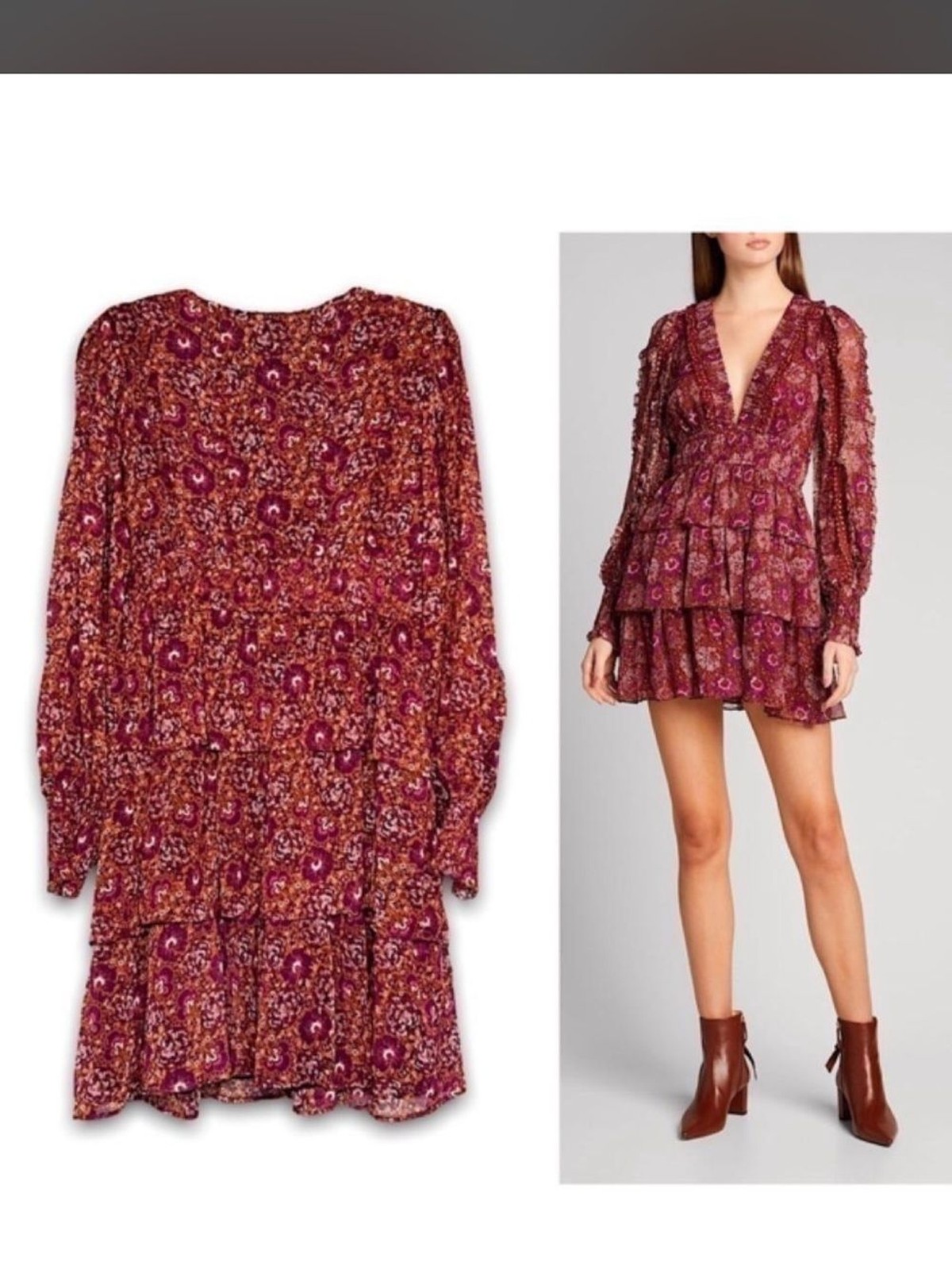 House of Harlow 1960 Burgundy Floral Tiered Midi Dress