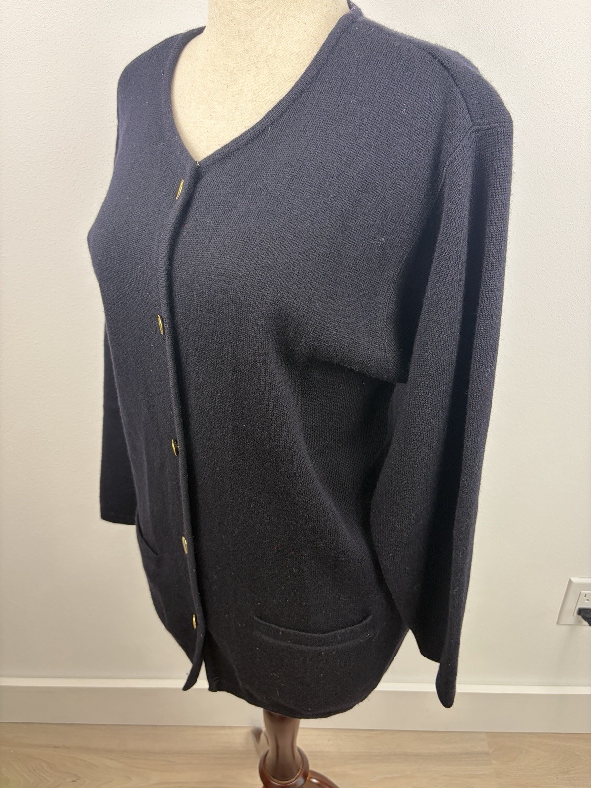 Talbots Petites L Black 100% Merino Wool Cardigan Sweater Gold Buttons