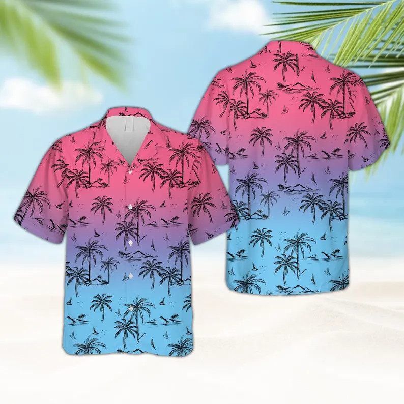 Palm Tree Hawaiian Shirt Gradient Sunset Beach Button Up #1