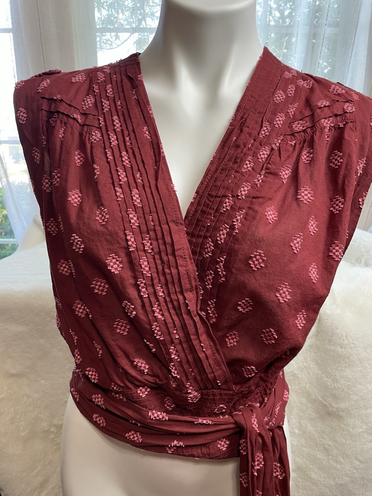 Anthropologie Burgundy Pink Geometric Wrap Blouse Cotton V-Neck Short Sleeve XS