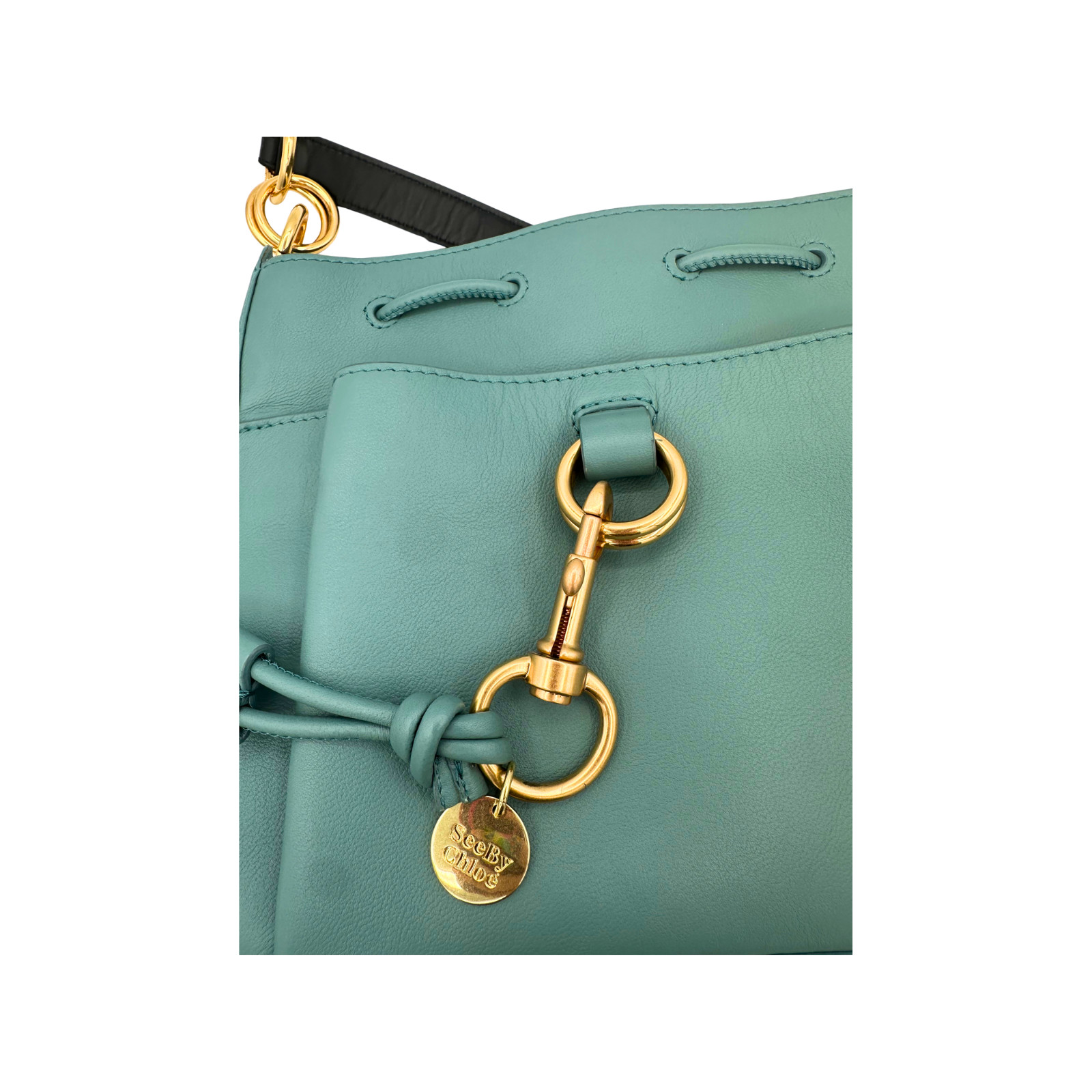 See By Chloe Tony Leather Shoulder Bucket Bag Teal Blue Gold Hardware