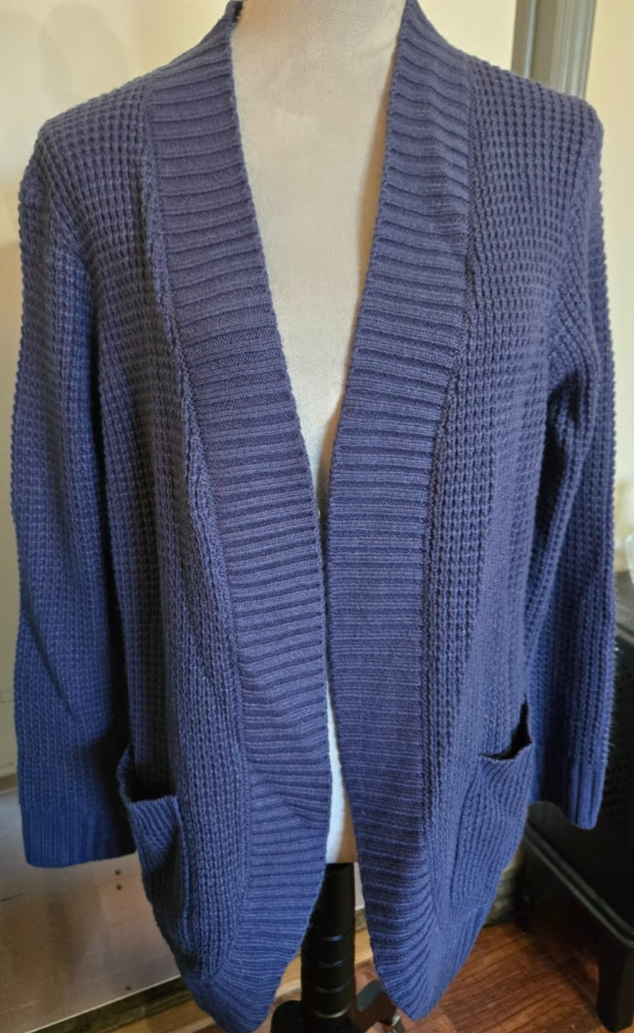 Open Front Sweater Blue Chunky Knit Boho Pockets Grannycore Cotton C200