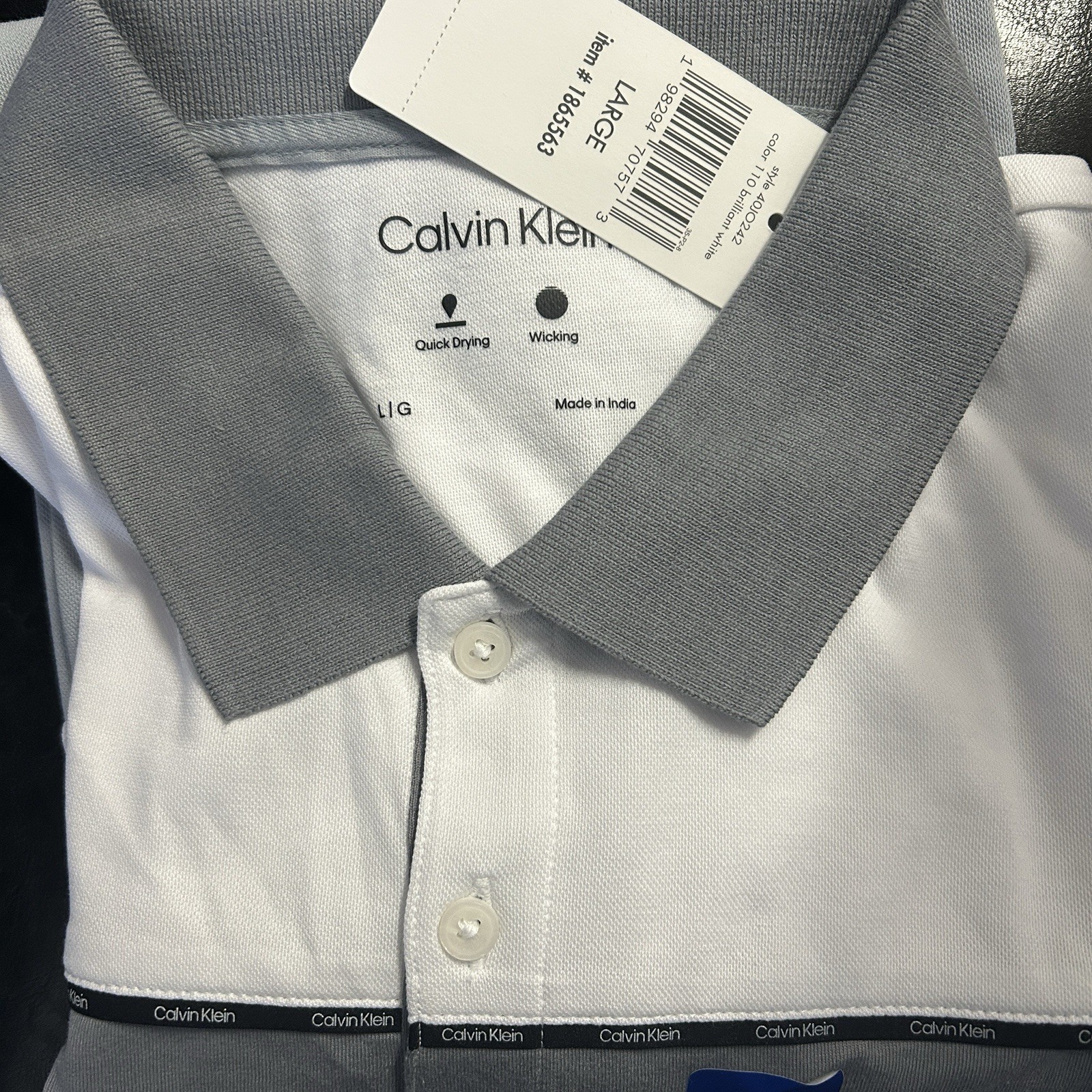 Calvin Klein Polo Shirt, L, White Gray, Quick Dry Wicking Split Hem Short Sleeve