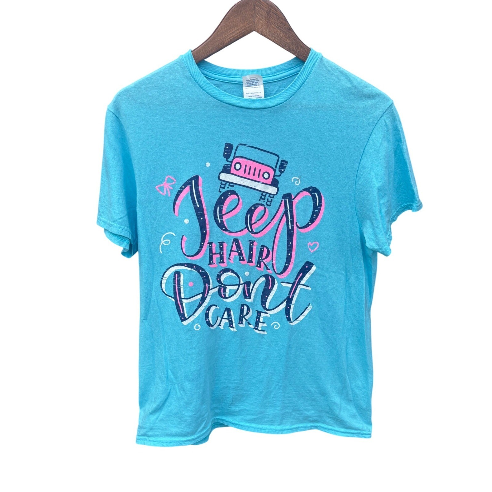 Jeep Hair Don’t Care Graphic T-Shirt Adult Medium Turquoise Blue GOOD CONDITION