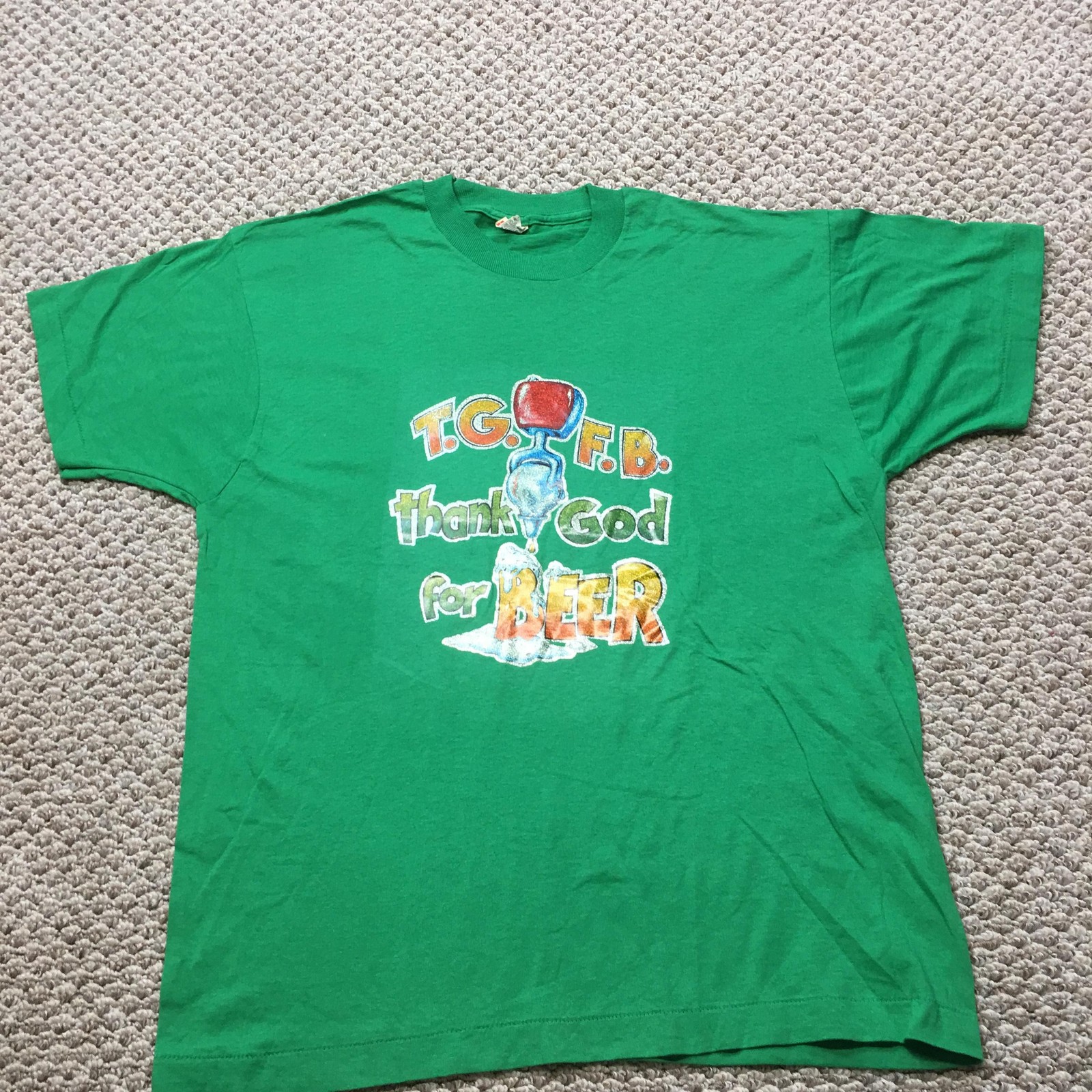 Vintage 80s Screen Stars Shirt Mens L/XL Green Thank God For Beer Tee USA