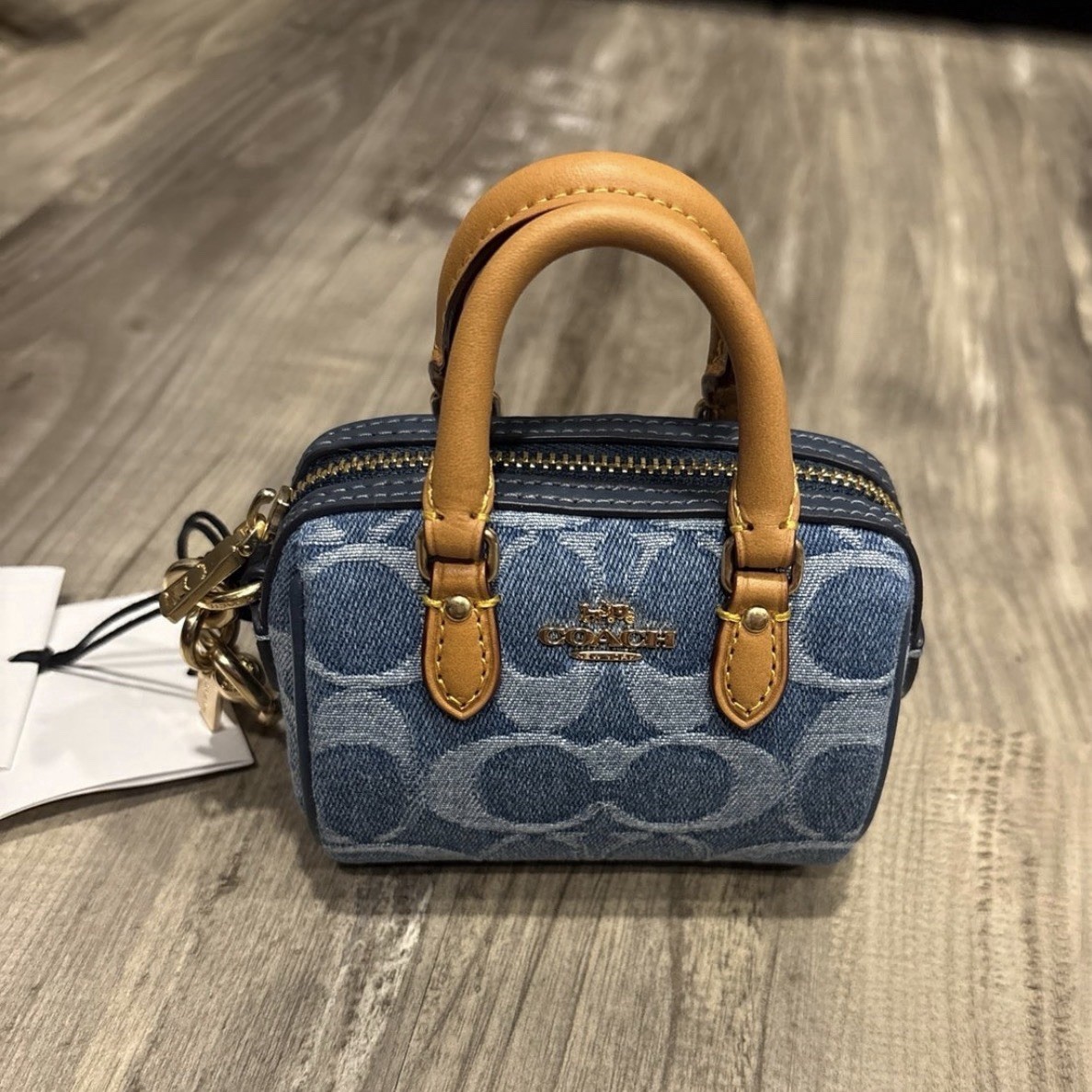 Coach Blue/Tan Denim Logo Bag Charm for Women, Signature Pattern, Zip Case