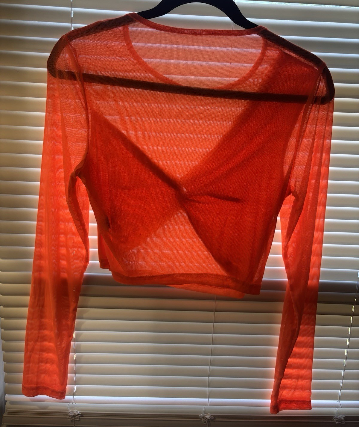 SHEIN Women’s Orange Sheer Mesh Round Neck Long Sleeve Cropped Top, M