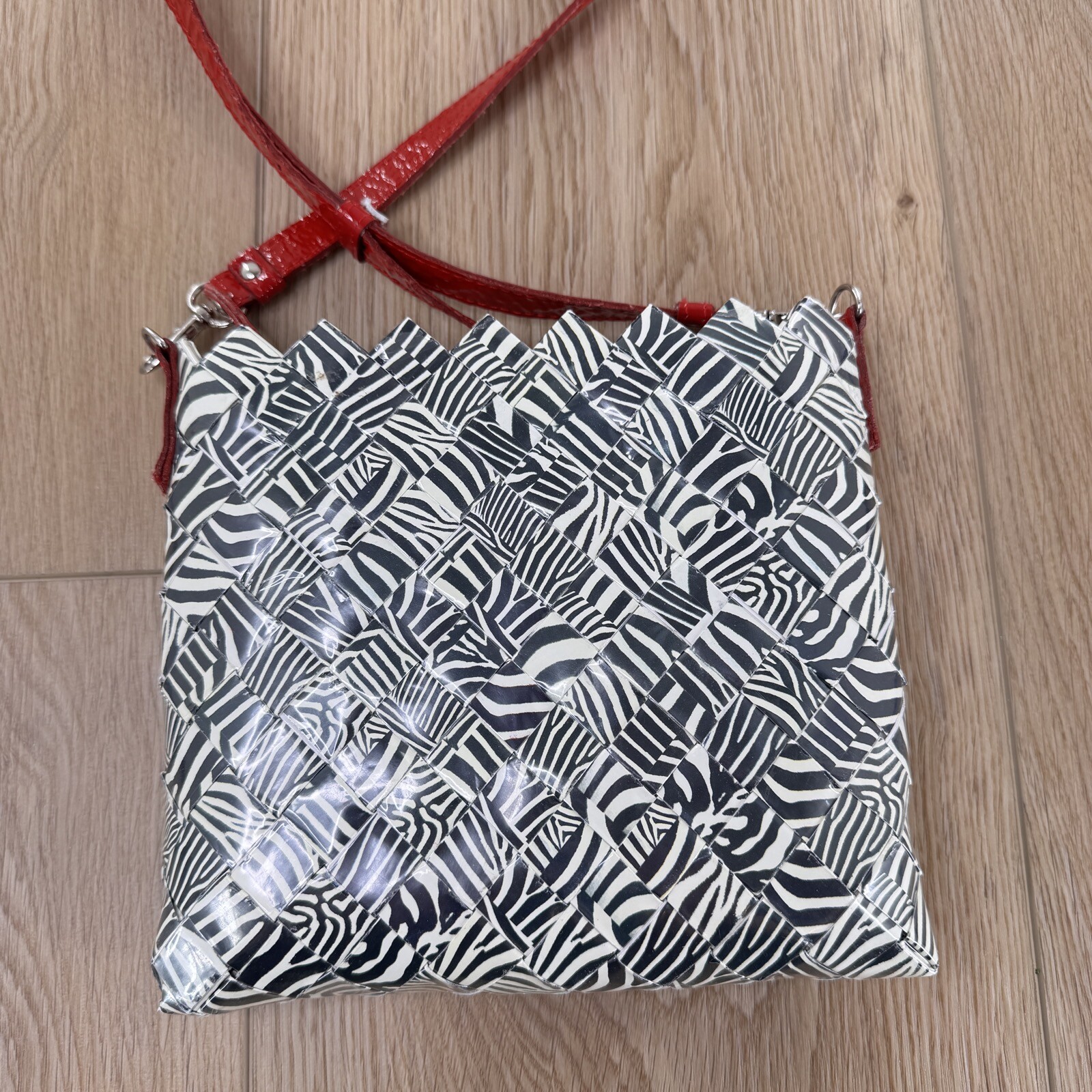 Nahui Ollin Candy Wrapper Crossbody Purse Red Strap Black White Geometric NWOT