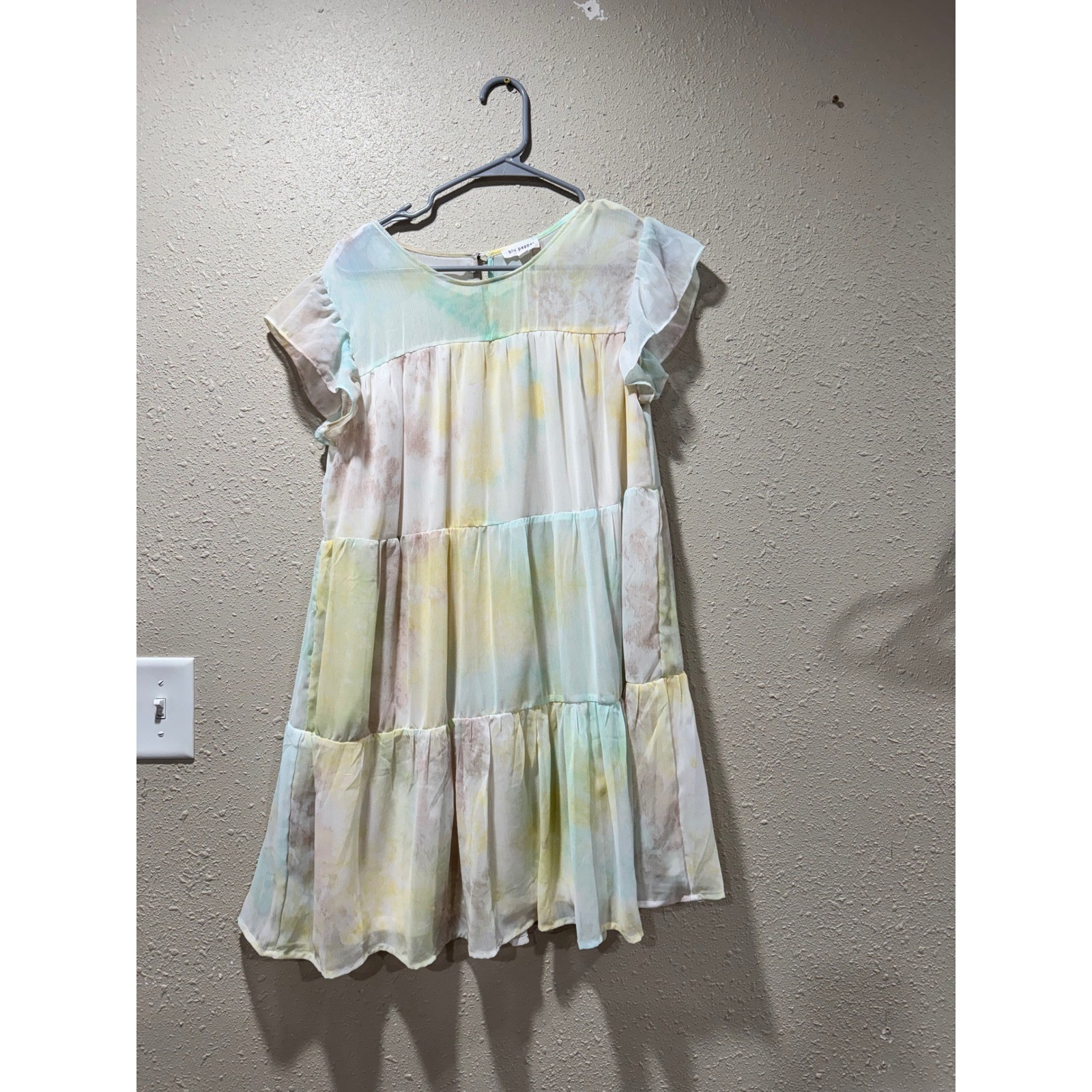 Blu Pepper Watercolor Tie Dye Babydoll Dress Pastel Ruffle Sleeve Mini Womens M