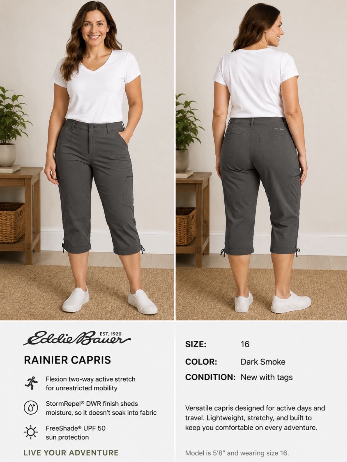 Eddie Bauer Rainier Capris Pants Dark Smoke Flexion Stretch StormRepel UPF 50 16