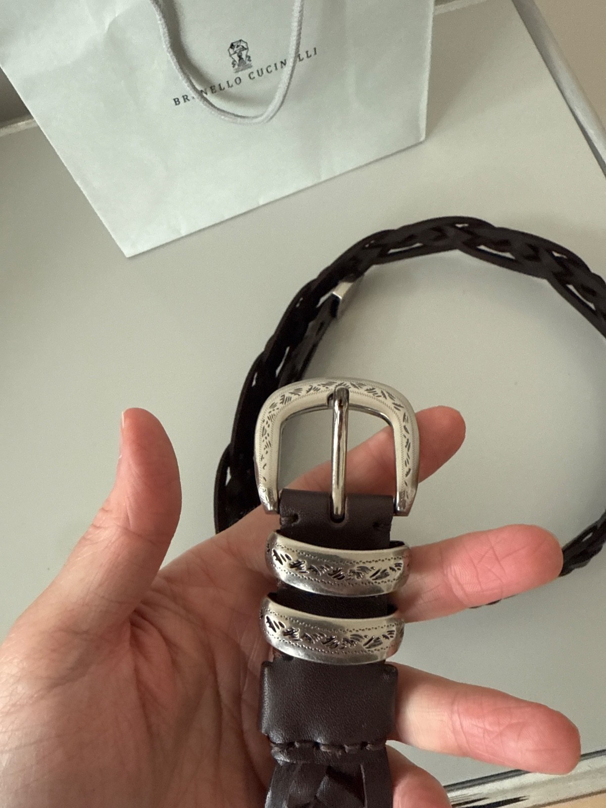 Brunello Cucinelli woven belt, Burgundy/Silver