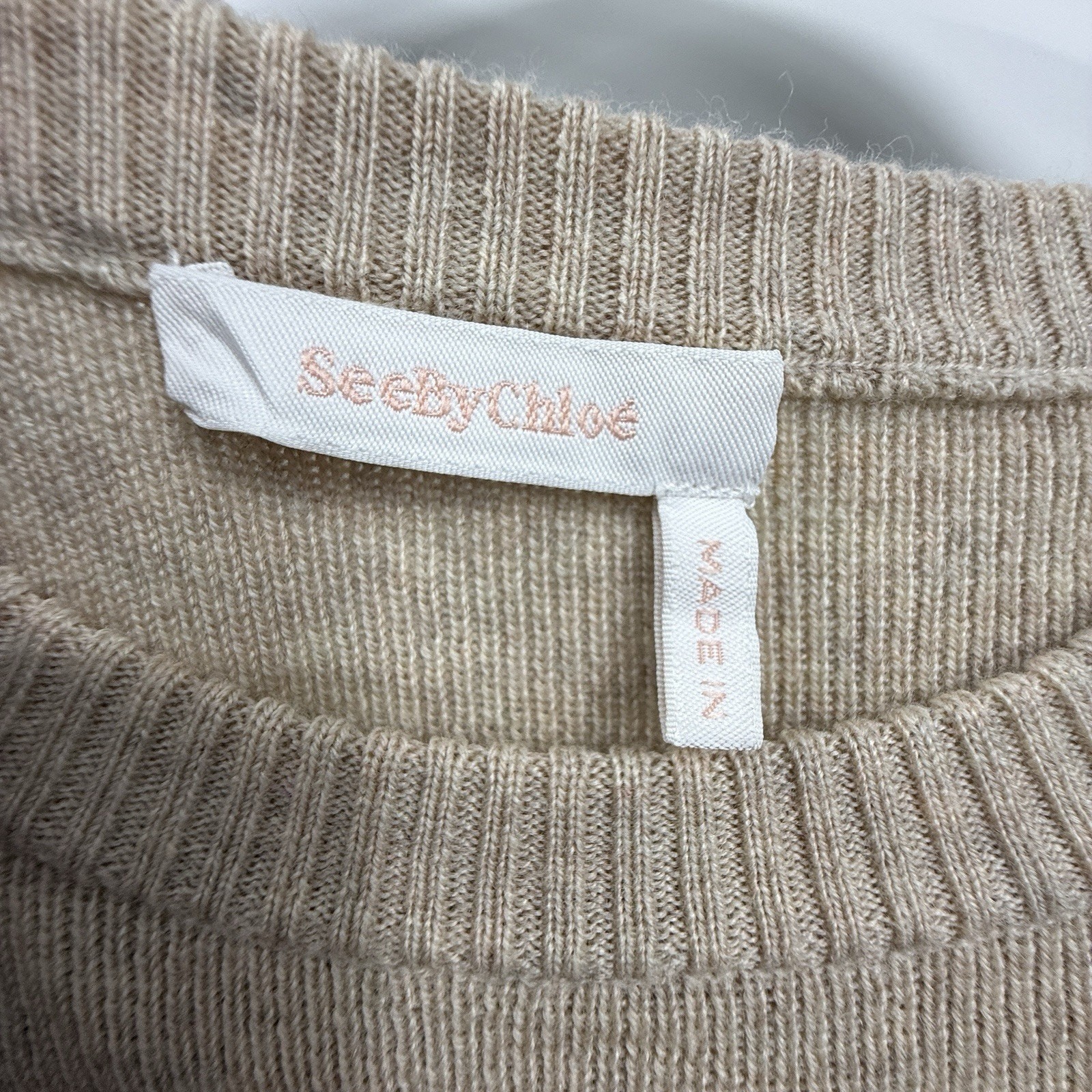 See By Chloe Button Sleeve Sweater Dark Taupe Wool Large Crewneck Pullover