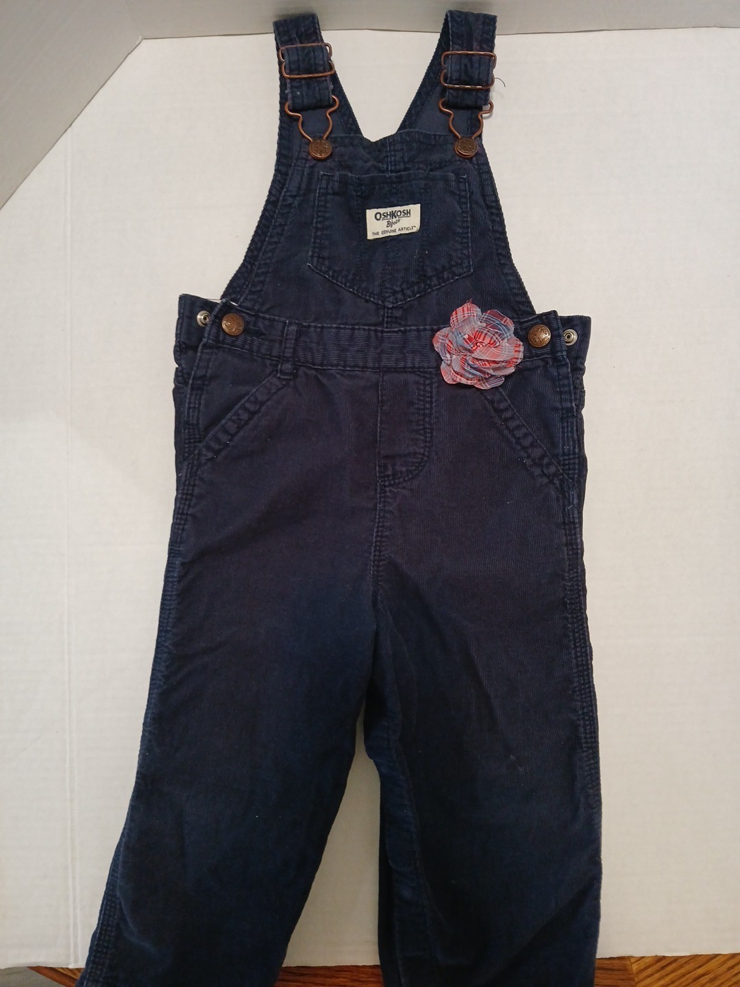 VTG OSHKOSH CORDUROY OVERALLS BABY-Toddler 24M Navy Blue-Plaid 3-D Flowers Girl