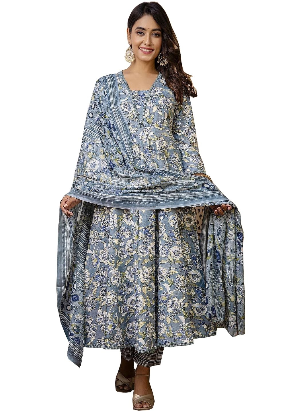 Women’s Printed Cotton Anarkali Kurta & Pant With Dupatta Set