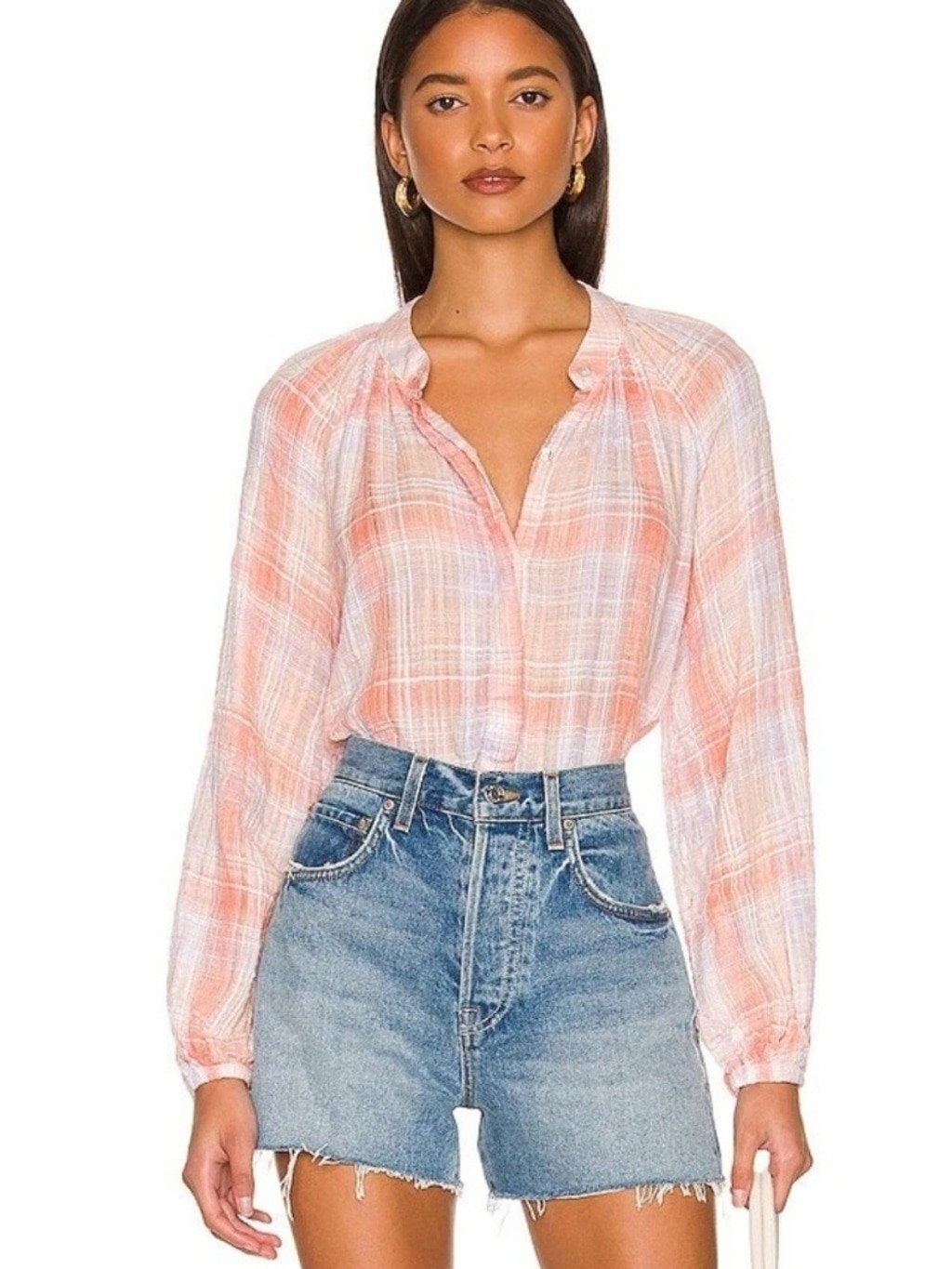 Bella Dahl Shirred Raglan Cotton Gauze Shirt Coral Plaid Size XS NWT