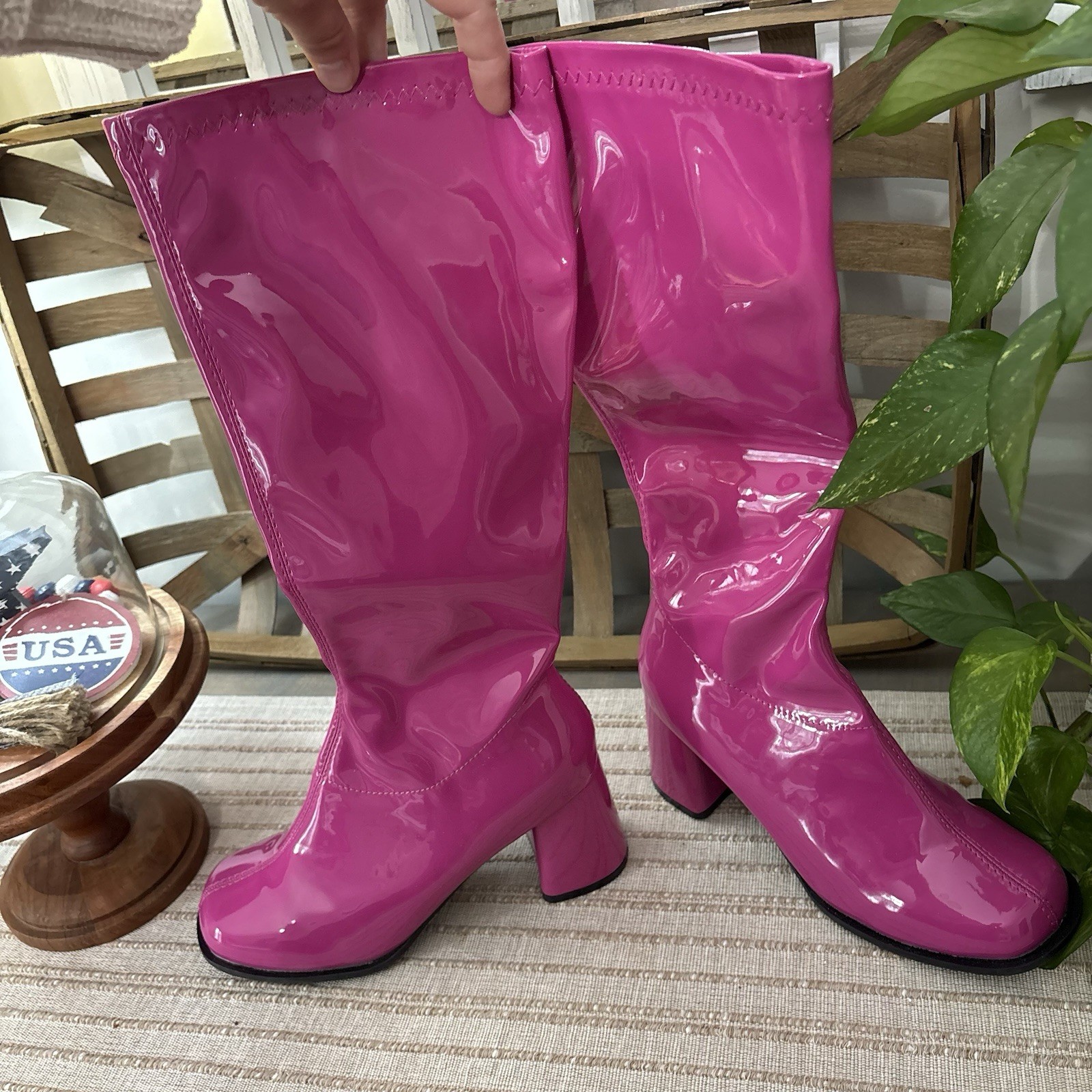 Ellie Shoes Gogo Boots Womens Size 8 Fuchsia Pink Knee High 3in Heel Zip Patent