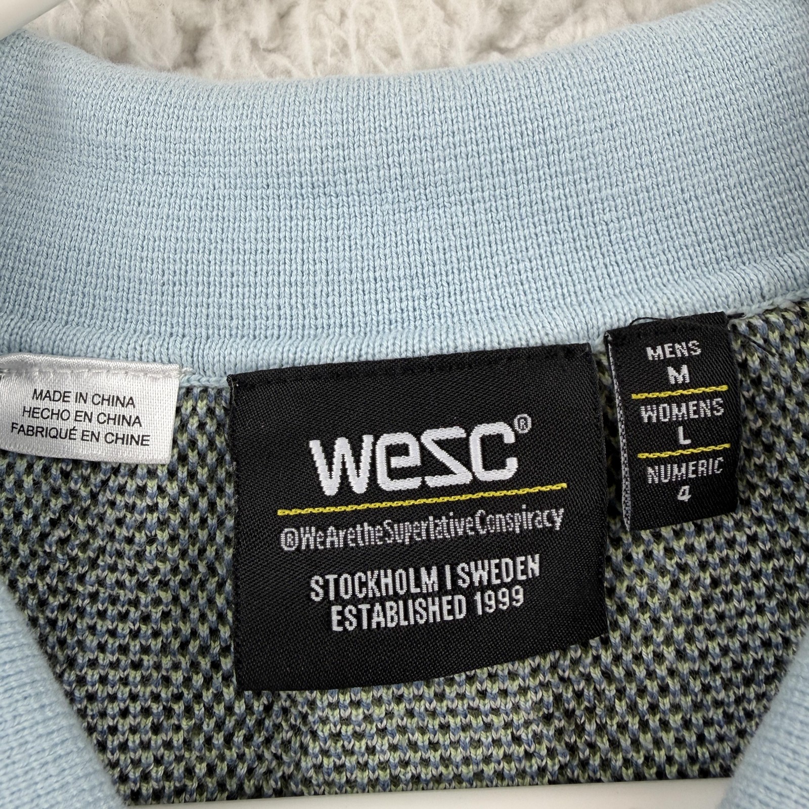 WeSC Sweater Mens Medium Blue Striped Button Cardigan Knit Polo Retro Y2K