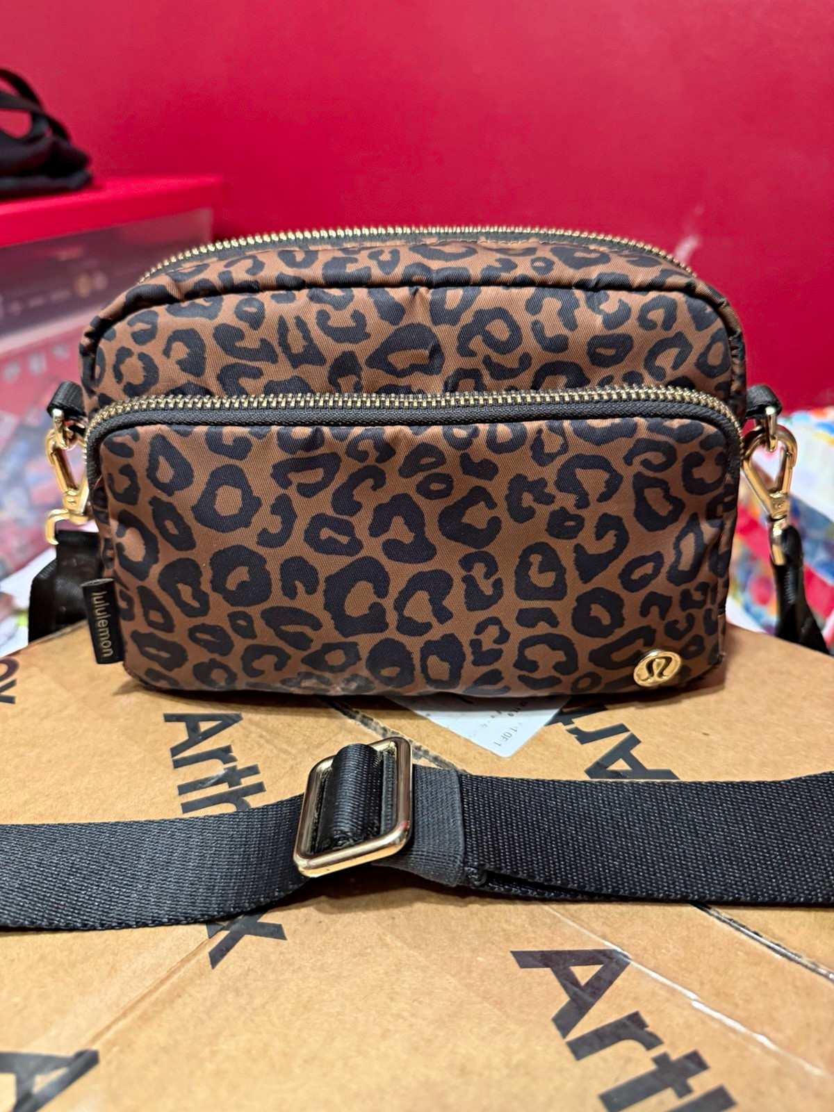 lululemon Leopard Print Everywhere Crossbody Bag 2L Metal Hardware Purse