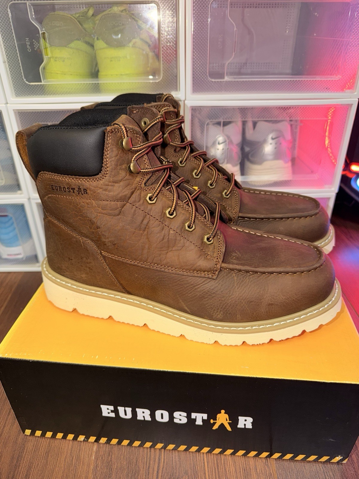 Eurostar Brown Leather Men’s Work Boots Lace Up Rugged Rubber Sole Round Toe 12