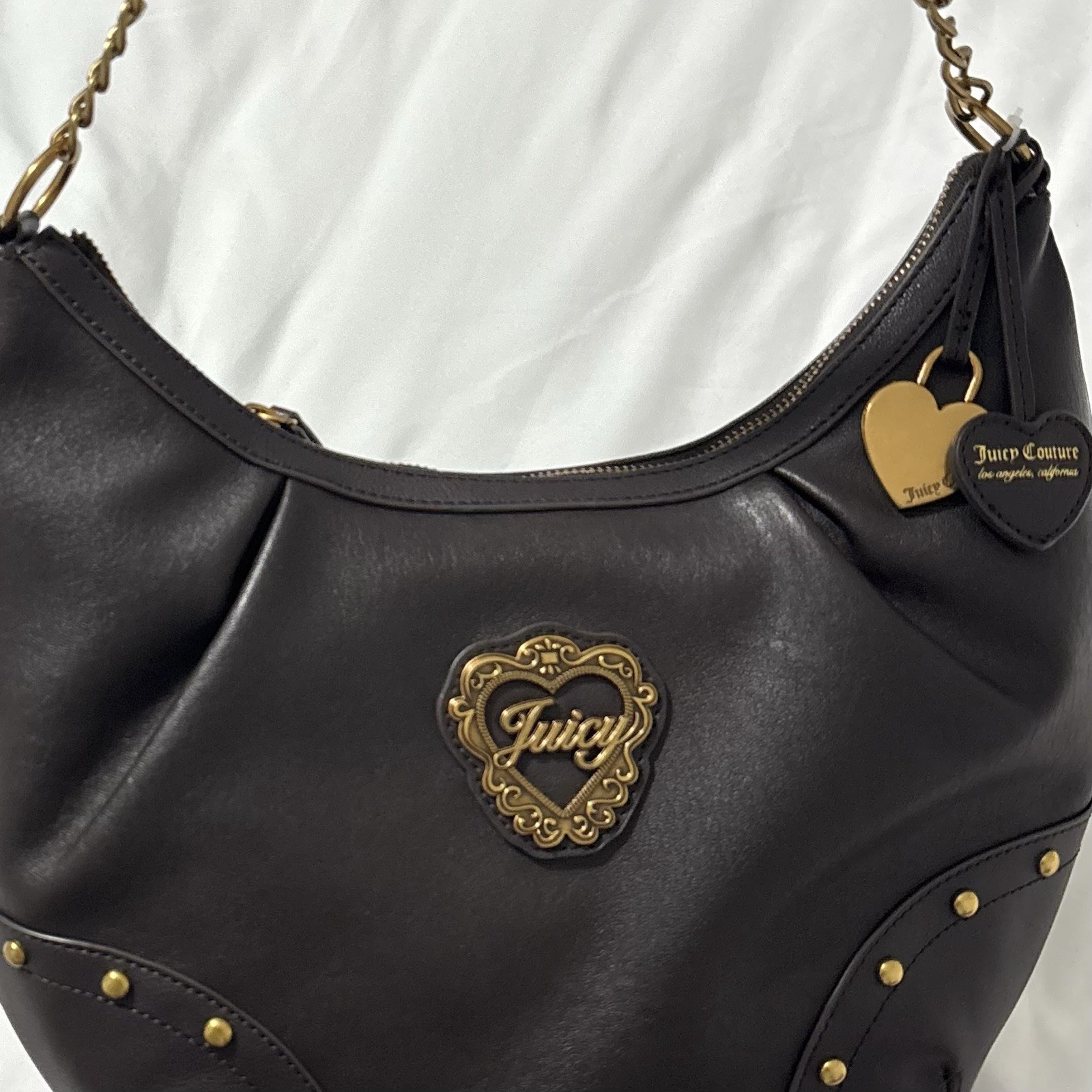 authentic Juicy Couture Brown Hobo Shoulder Bag Gold Studs Chain Heart