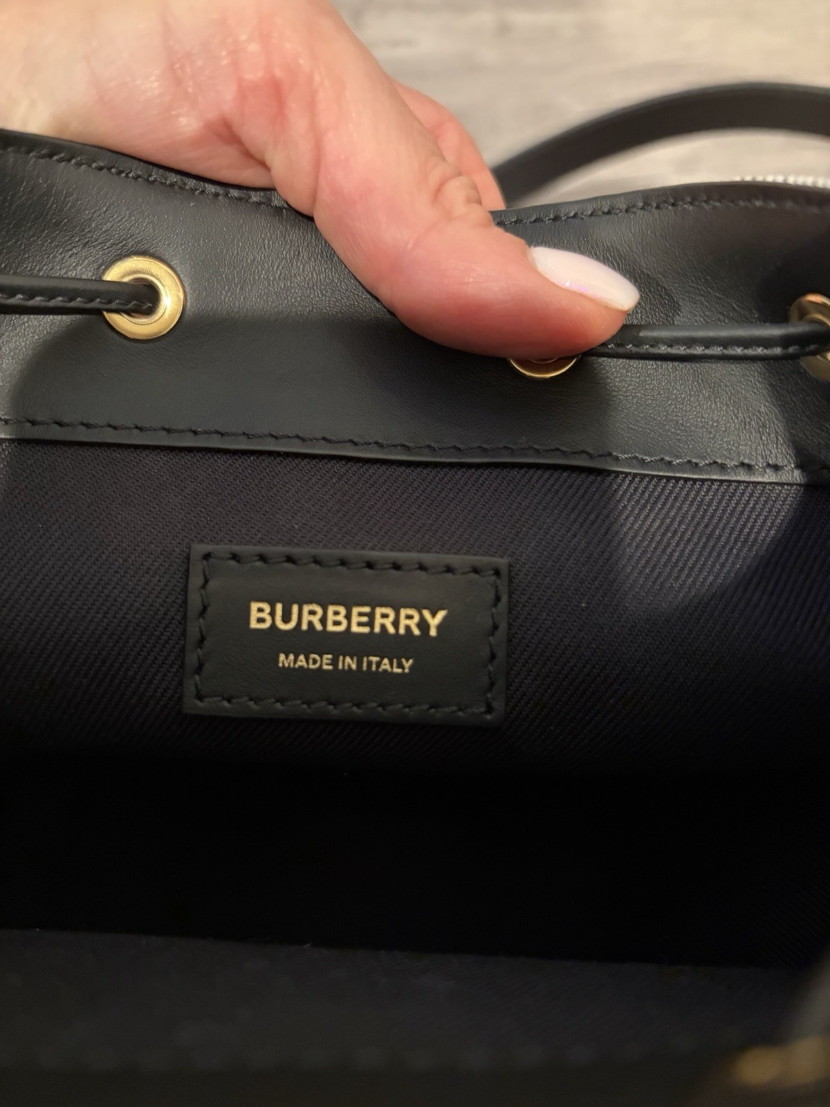 Burberry Black/Beige Bucket Drawstring Crossbody Bag Gold HW Logo Brand Card