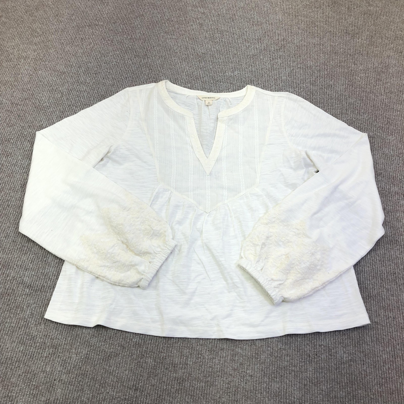 Lucky Brand Blouse Womens Small White Embroidered Balloon Sleeve Boho Sample