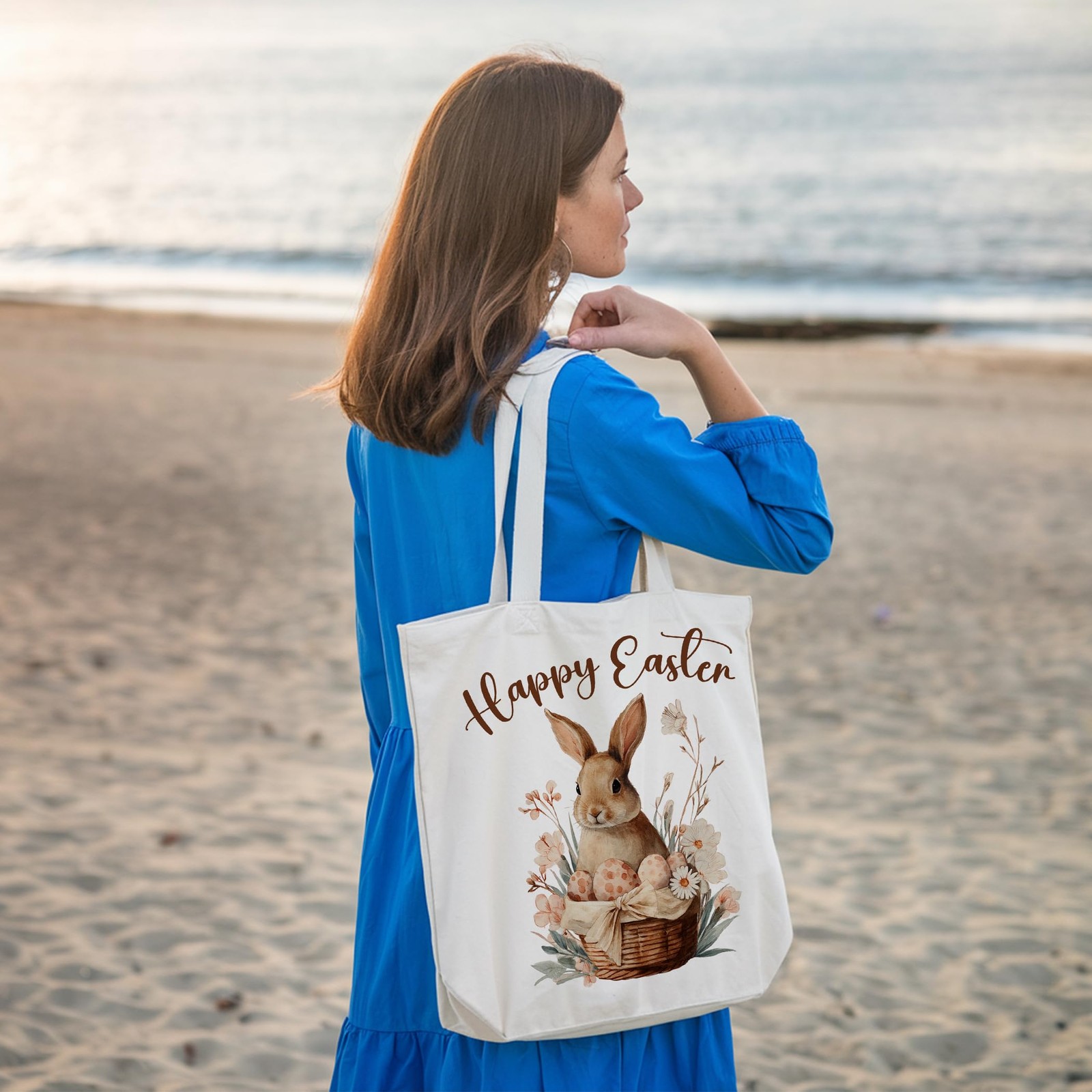 LRYBUD Happy Easter Canvas Tote Bag for 13.8 x x 0.6 inches, Yellow