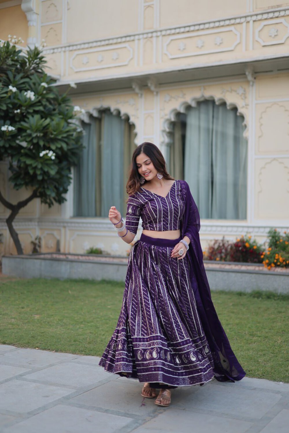 Purple Designer Dyeable Pure Viscose Jacquard fabric Lehenga Choli & Dupatta Set