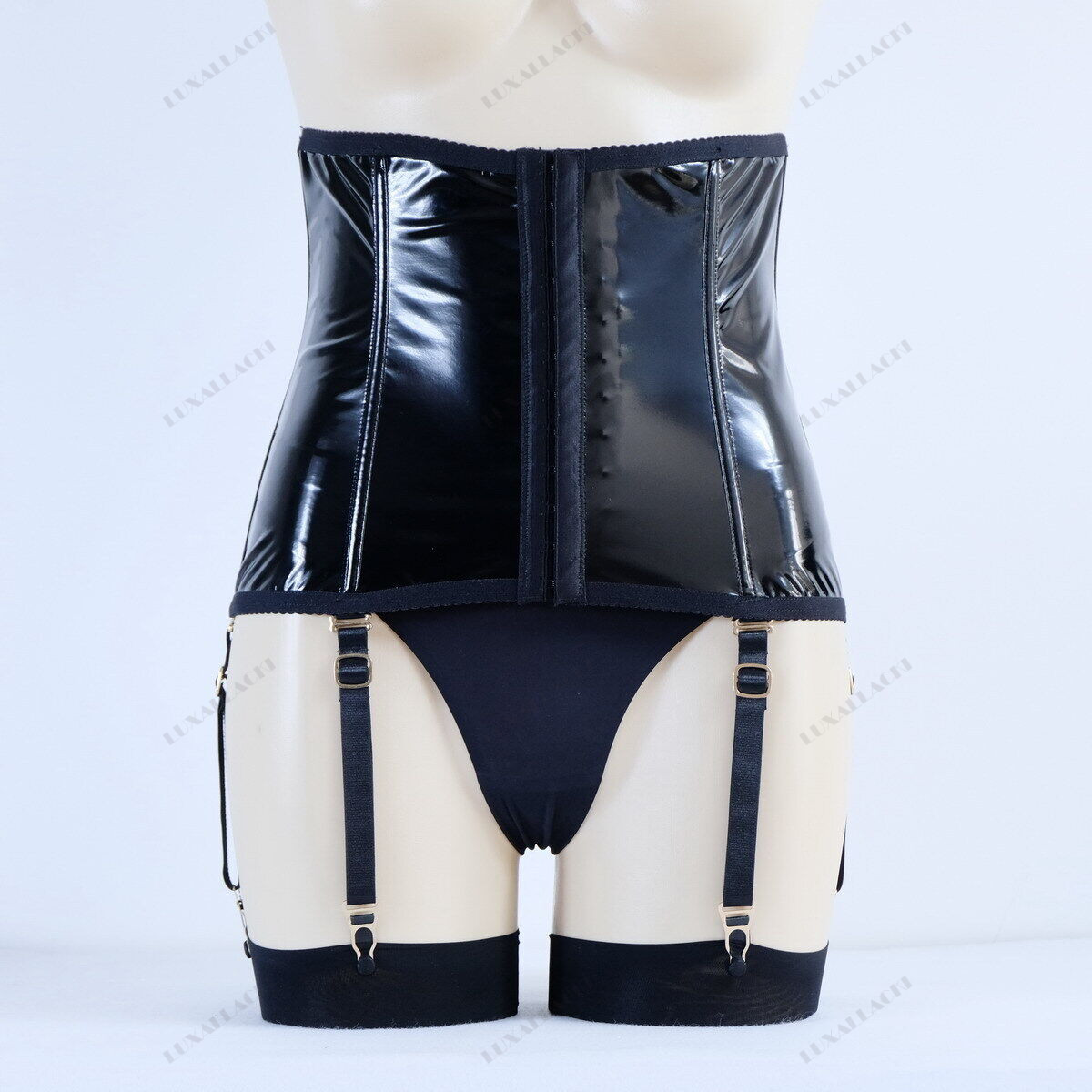 Luxallacki Mesh Pu Leopard Waist Cincher 6 Straps Garter Boned Shaping Corset