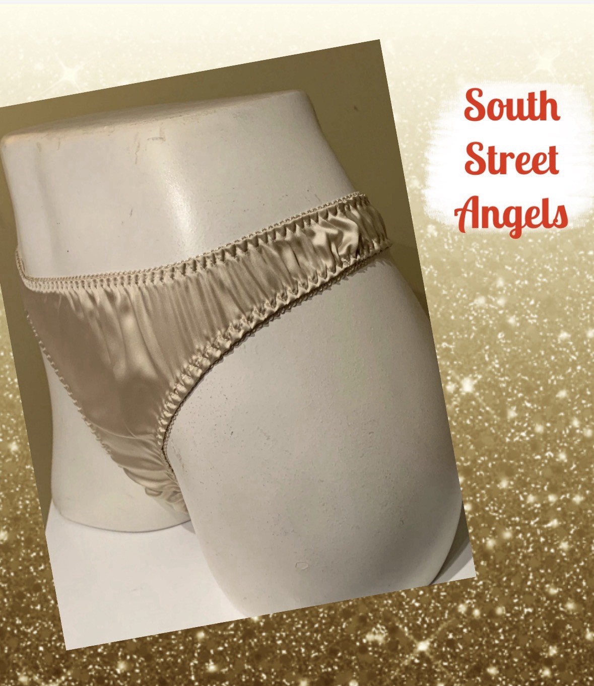 SECRETS IN LACE SIL ~ CHAMPAGNE NUDE ~ SATIN PIN-UP THONG PANTIES SIZE LARGE
