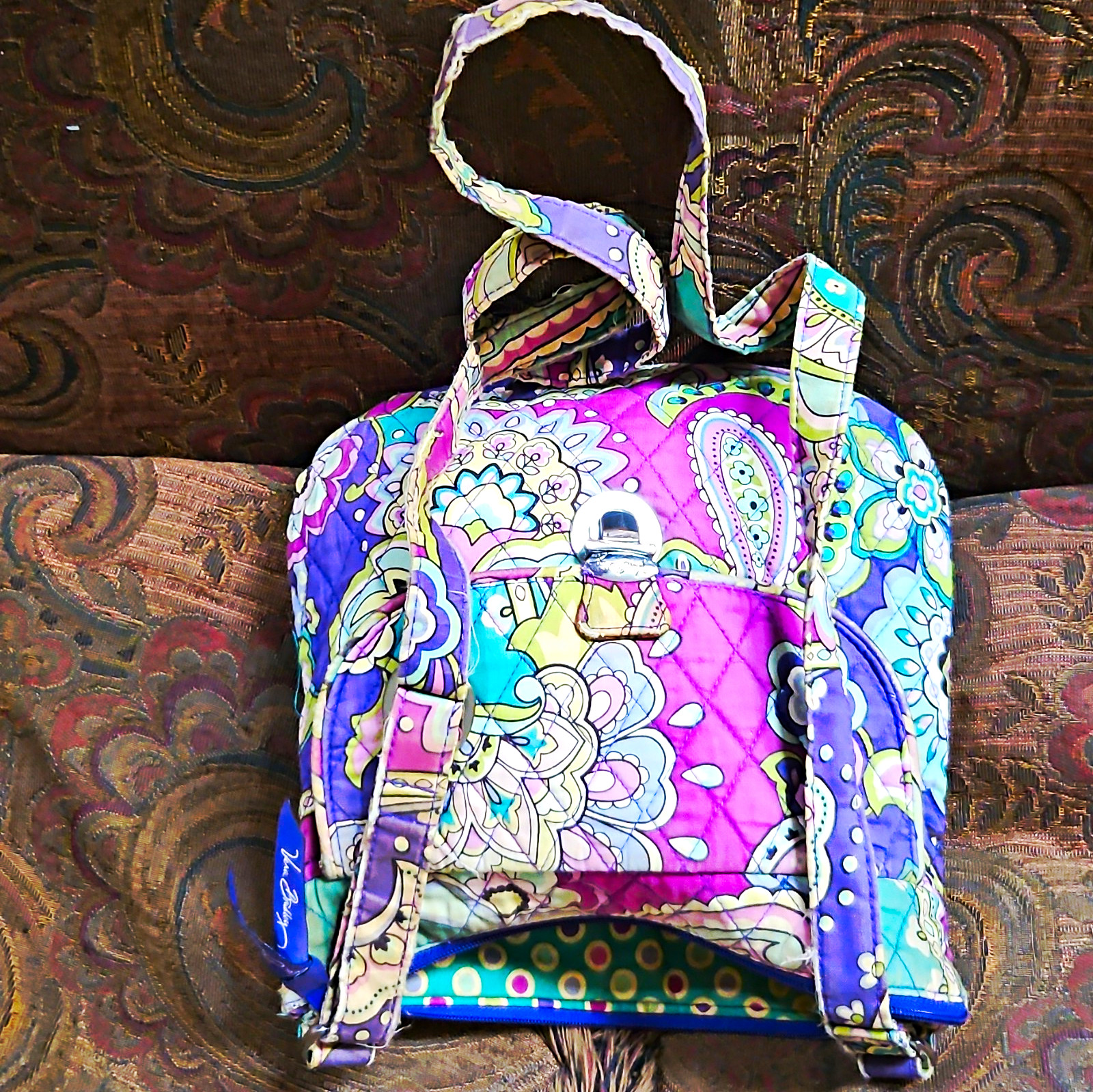 Vera Bradley Womens Purple Teal Paisley Crossbody Zip Turn Lock, Pockets Pouch