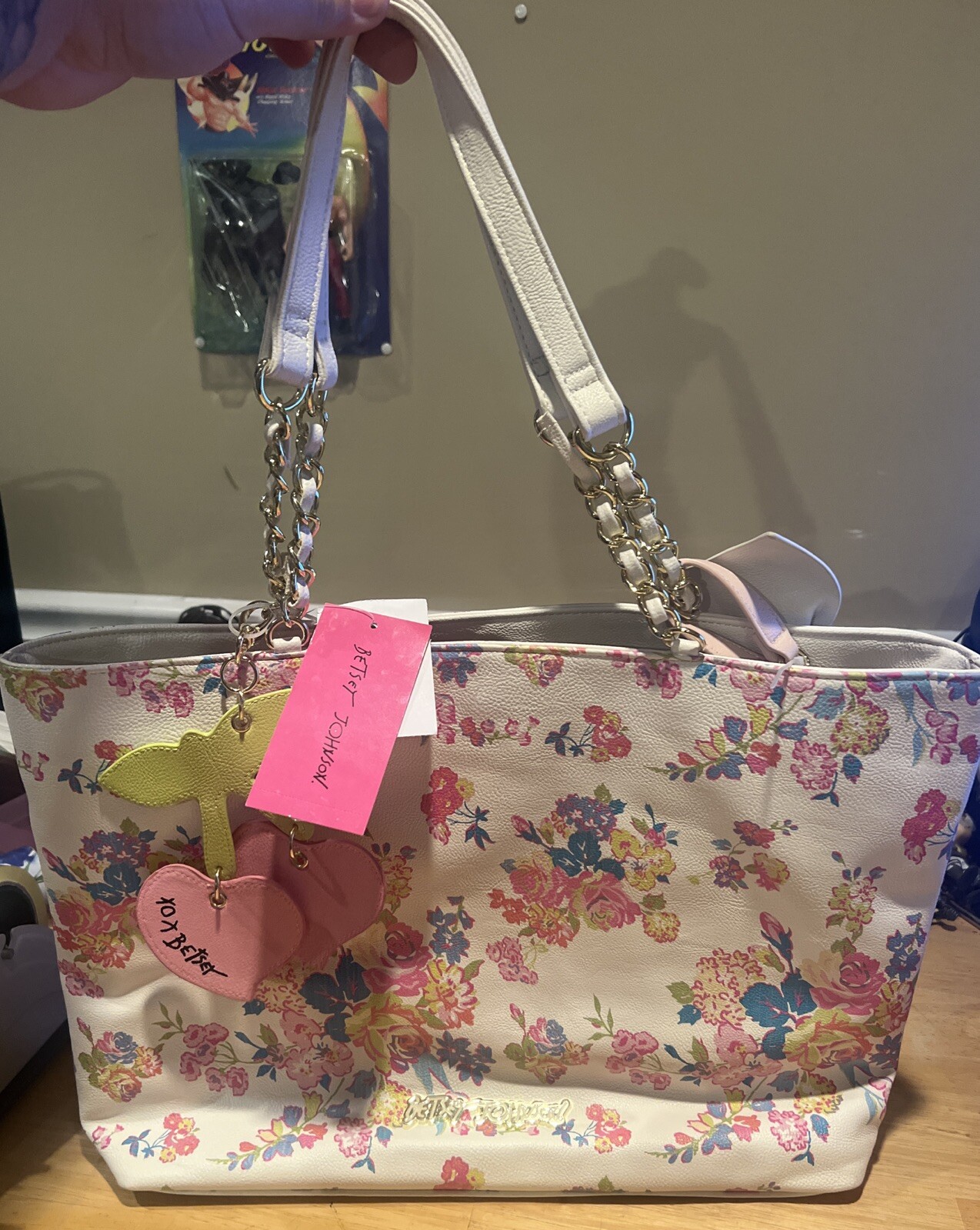 Betsey Johnson Tote Handbag Bakery Floral Big Bow Chain Strap Accent Logo Spring