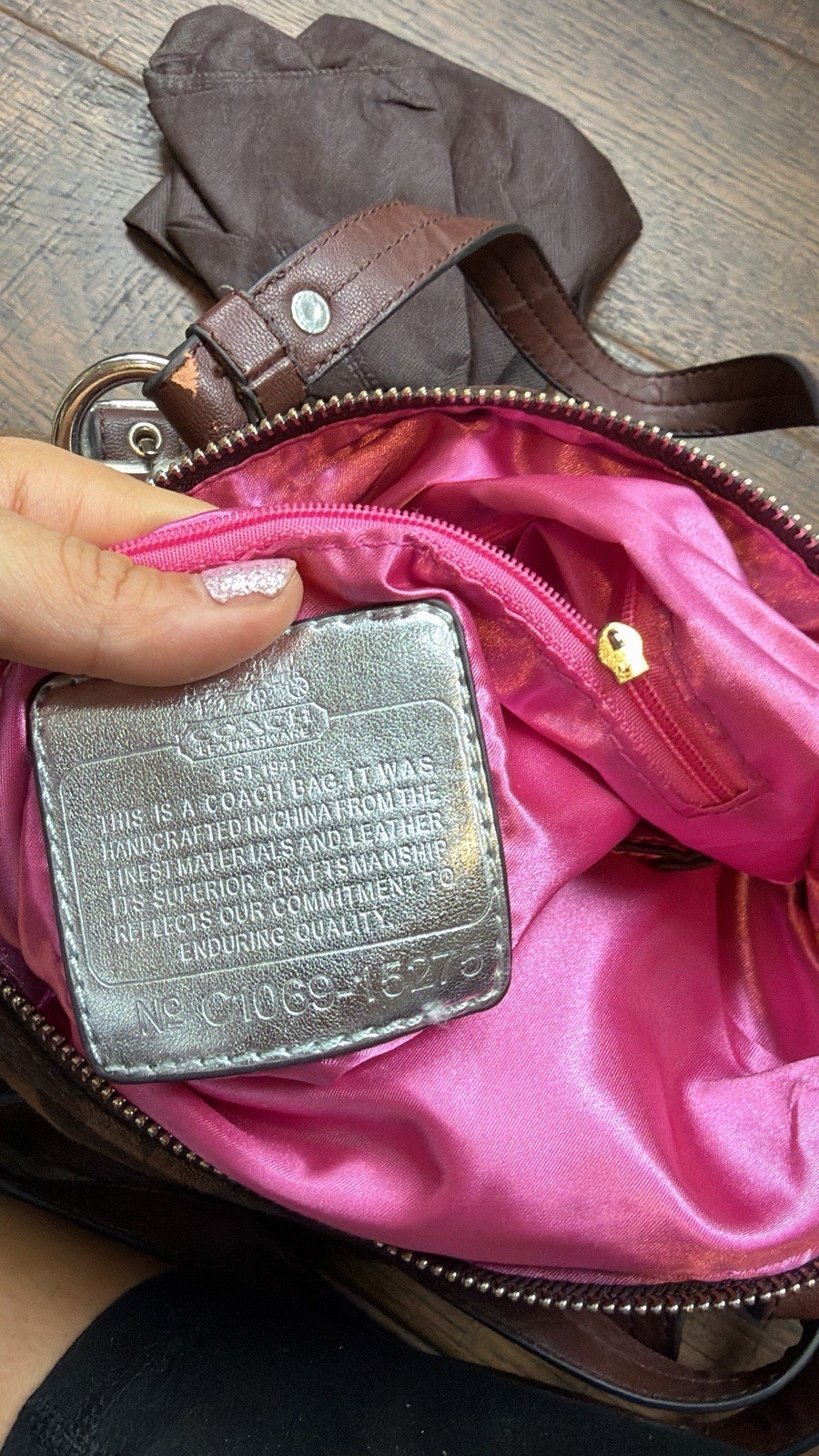 Coach Brown Logo Satchel/Top Handle Bag Zip Pink Lining Silver Hardware Charm