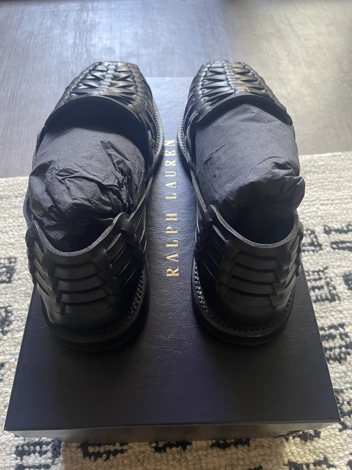 Ralph Lauren Purple Label Loafer Black Leather Woven Slip-On Men’s US 8