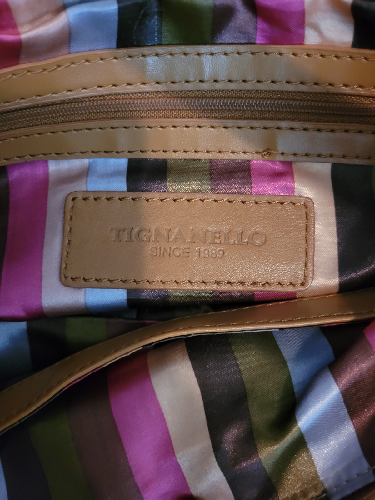 Tignanello Tan Shoulder Bag Striped Multicolor Lined Zip Silver Charm Pockets